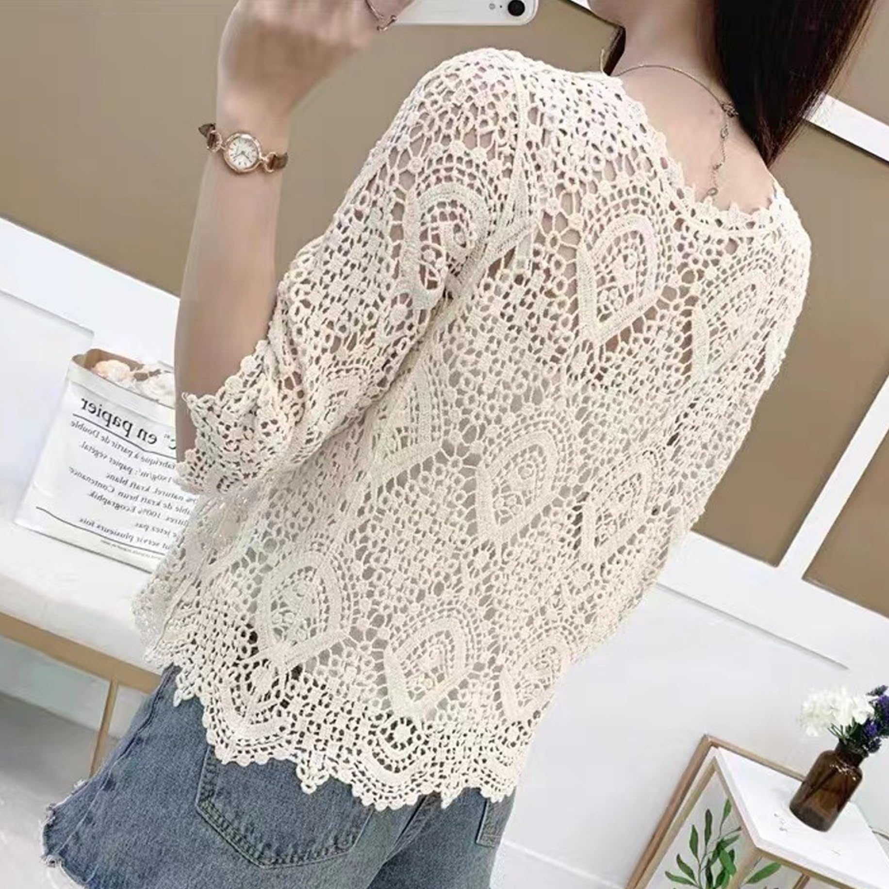 Cardigan all'Uncinetto Protezione Solare in Morbido Cotone Floreale Maniche a 3/4 Aperto sul Davanti Cardigan in Pizzo Estivo scolpito all'Uncinetto per Top da Donna