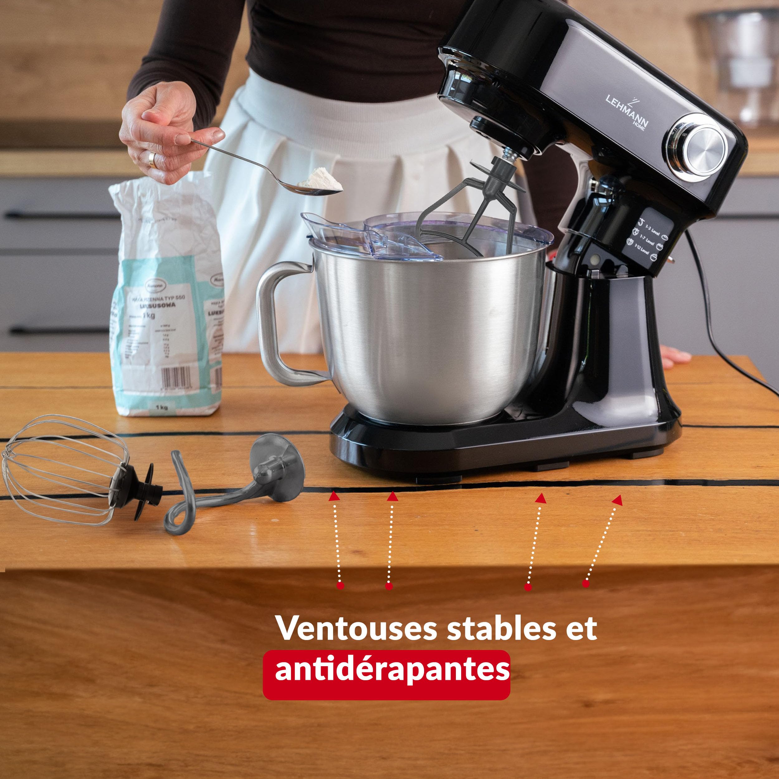 LEHMANN Robot Pâtissier avec 3 Mélangeurs - Fouet, Batteur, Crochet, 12 vitesses, Bol 5L, Anti-éclaboussures, Protection Surchauffe, Petrin pour préparer Pâtes à Gâteau, Pizza et Pain, Noir