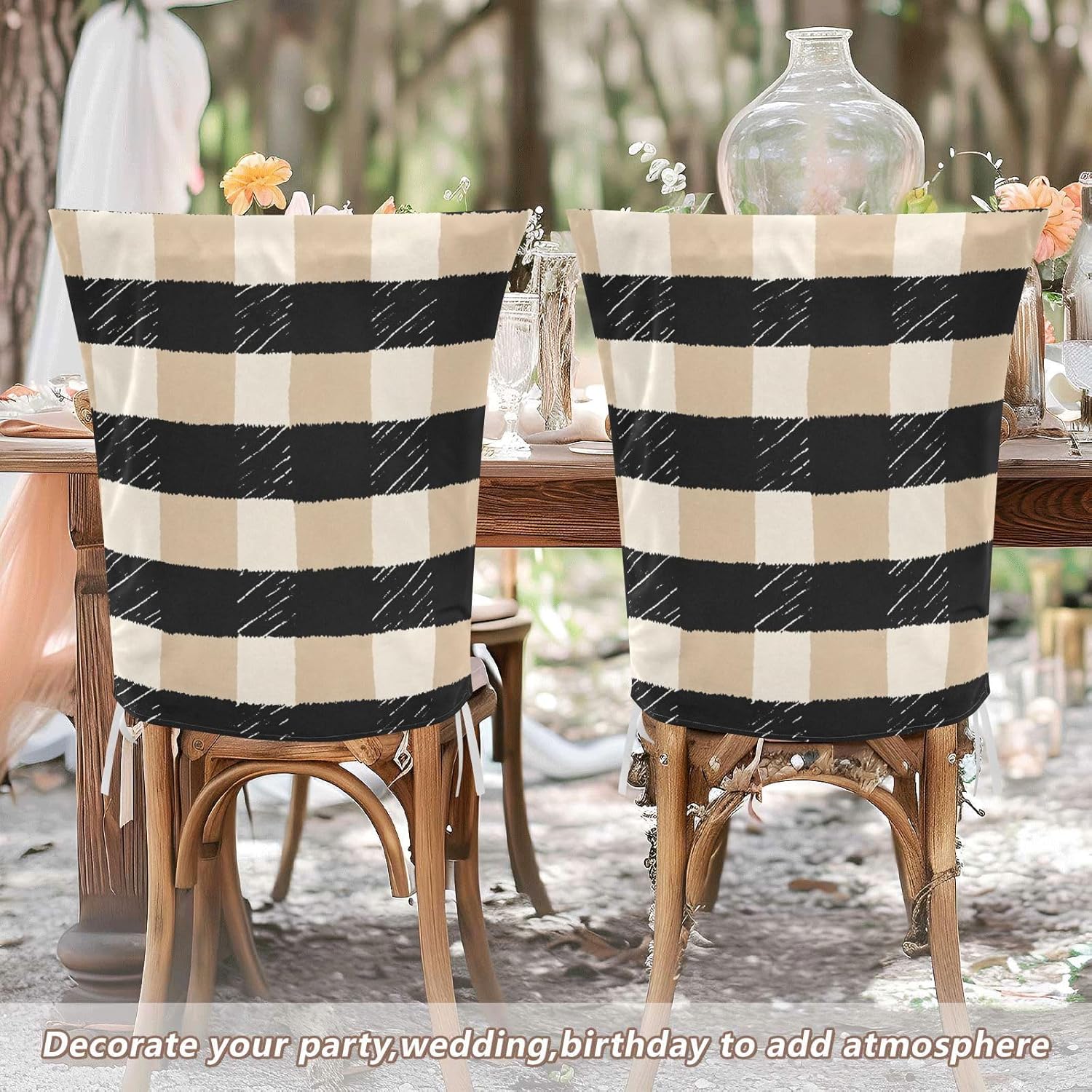 ALAZA Beige Black Plaid Chair Back Cover Set of 6, Washable Reusable Removable Chair Slipcovers Decorative Chair Cover for Home Kitchen Wedding Party