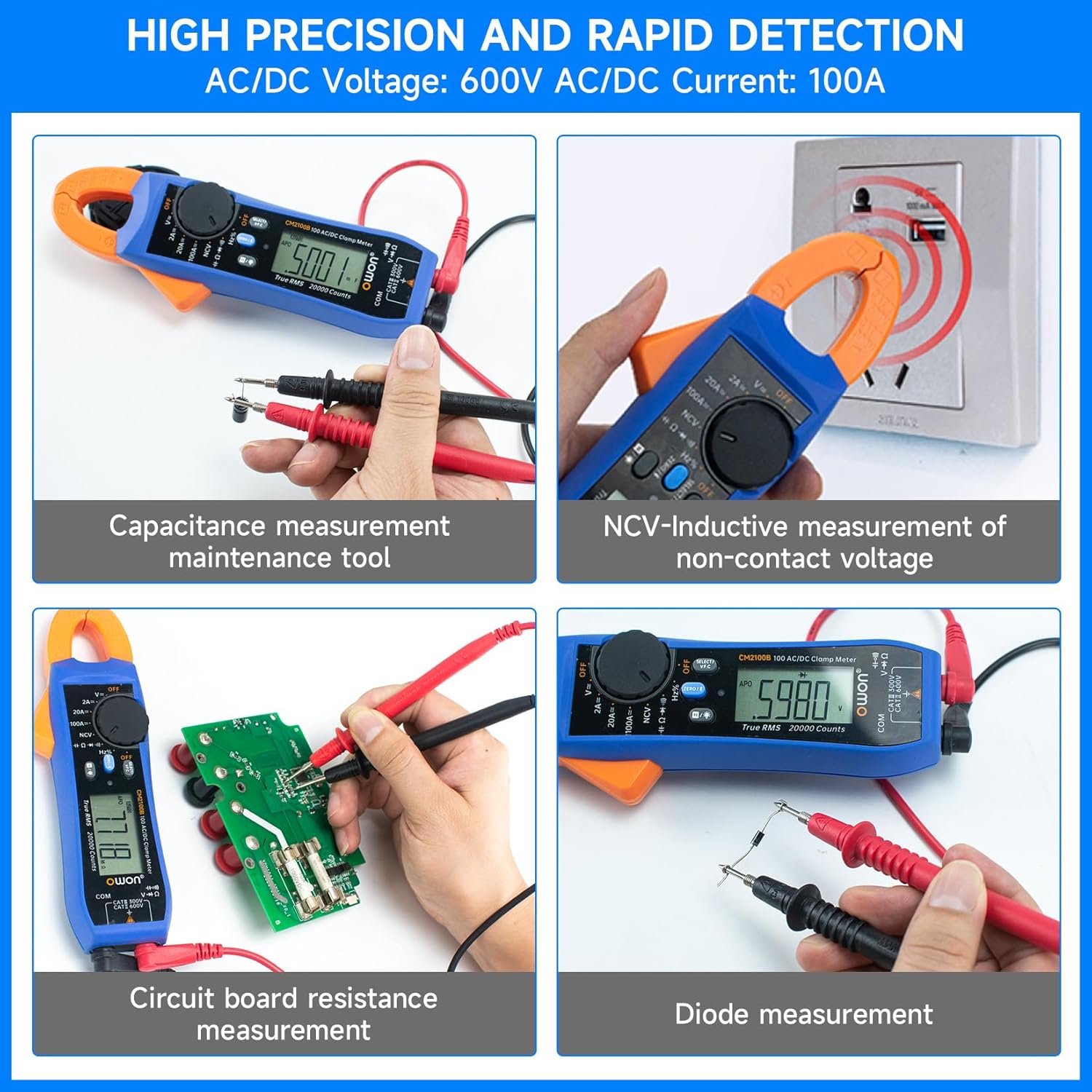 OWON Digital Clamp Meter Auto Range 20000 Counts AC/DC Resistance Capacitance Tester Multiple Measurement Functions NVC VFC Diode Overload Protection True RMS Multimeter CM2100B
