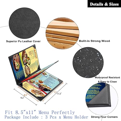 Miniatura 11 de Fundas de cuero para menú con madera fuerte en el interior para 8.5 x 11 pulgadas, fundas de cuero de doble vista para listas de vinos, bebidas