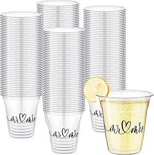 Dandat 100 Pcs Disposable Wedding Plastic Cups Bulk Mr and Mrs 10oz Wedding Reception