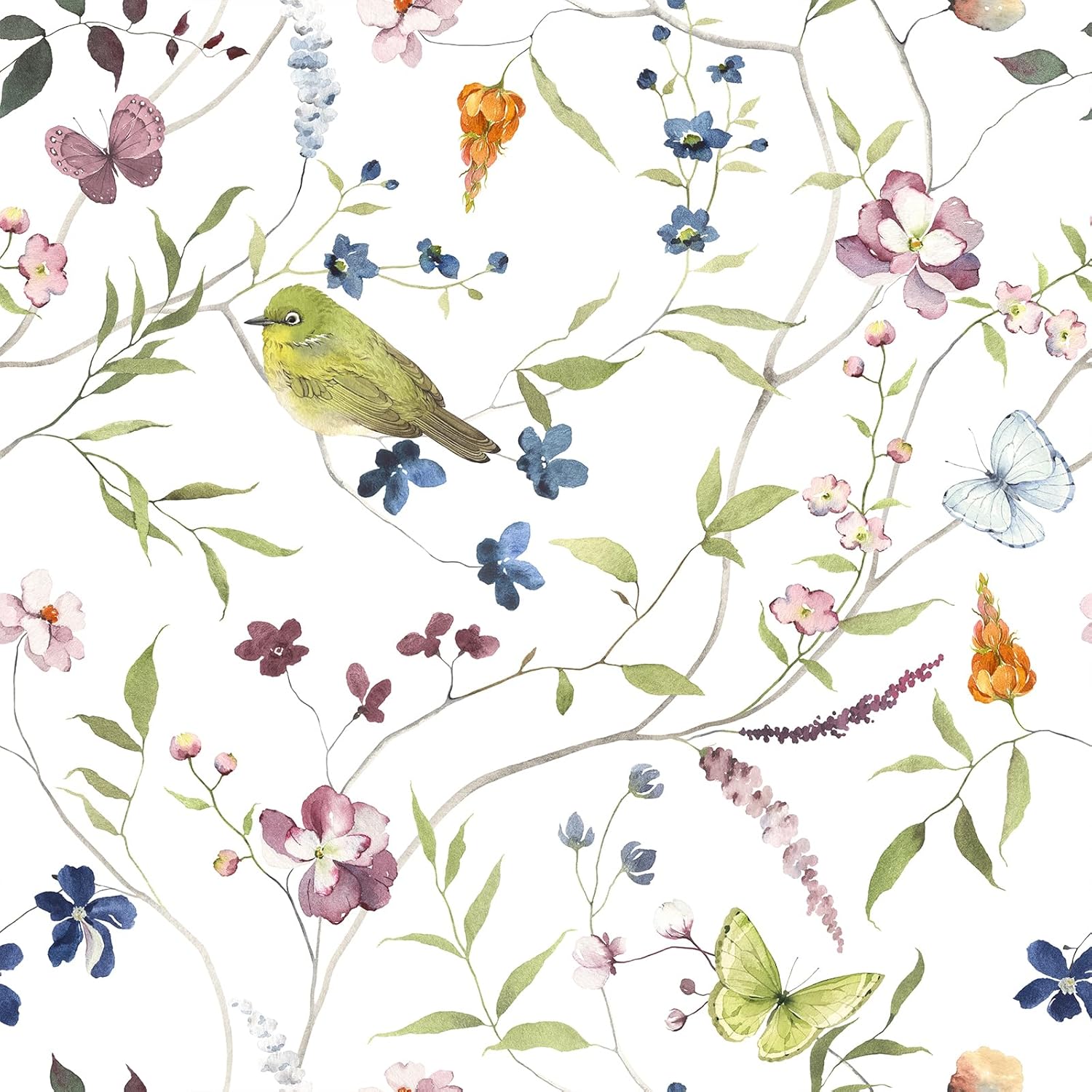 VEELIKE Watercolor Butterflies Floral Peel and Stick Wallpaper Vintage Bird Wallpaper for Bathroom 17.7''x354'' Self Adhesive Chinoiserie Wallpaper Removable Art Deco for Living Room Bedroom Walls