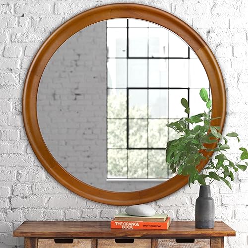 Round Wood Mirror for Wall,36 Inch Circle Decorative Mirror with