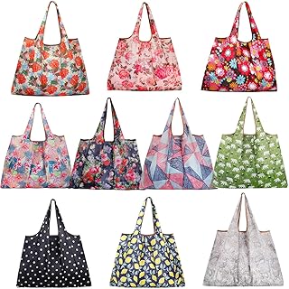 Reusable Grocery Bags,10 Pack Extra Large Foldable Nylon Tote Bag Heavy Duty Washable Eco Friendly Shopping Bags with Pouch attached