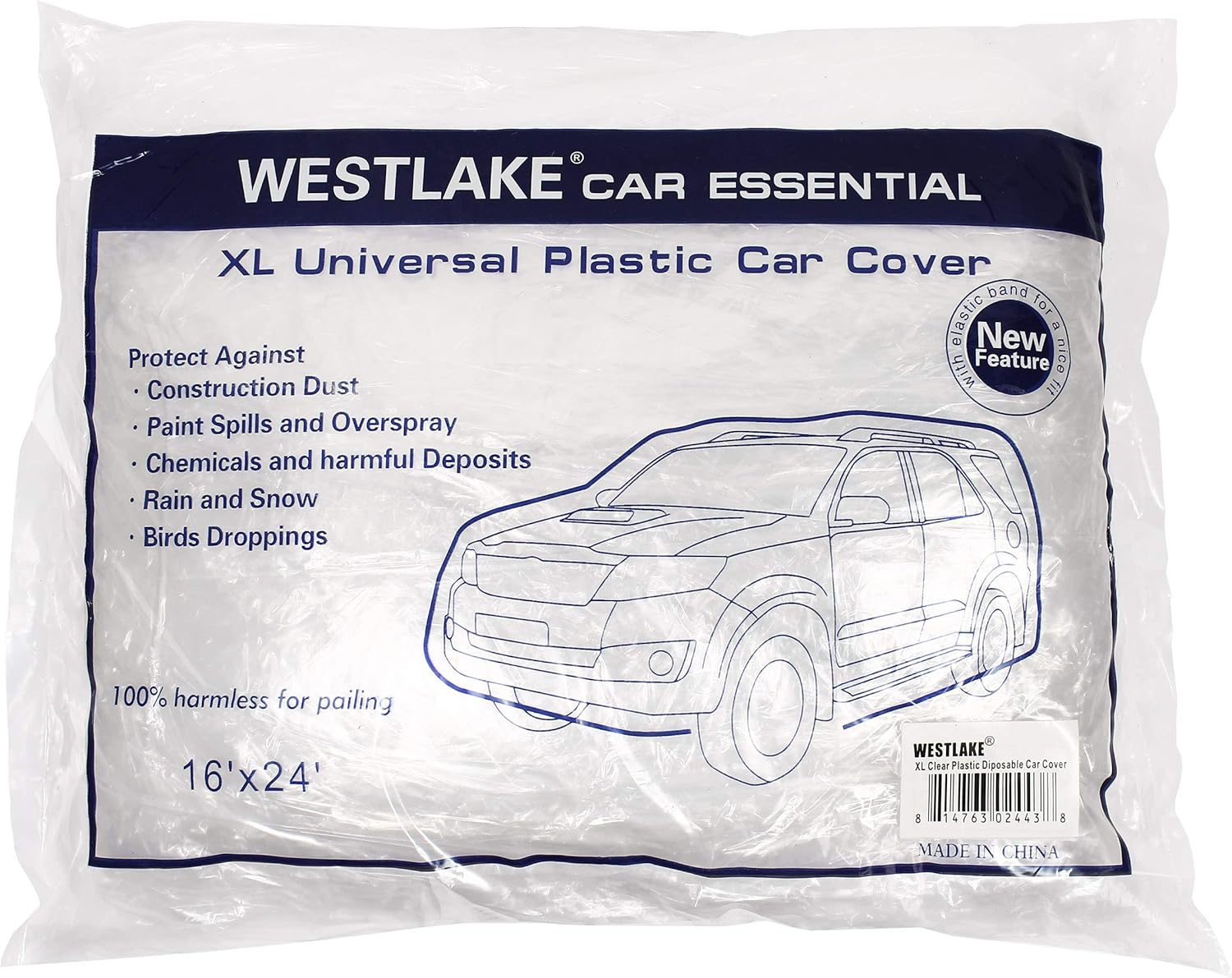 West Lake Universal Clear Plastic Car Cover - Extra Large 24x16 Ft Reusable for SUV Sedan Van with Elastic Snug Fit