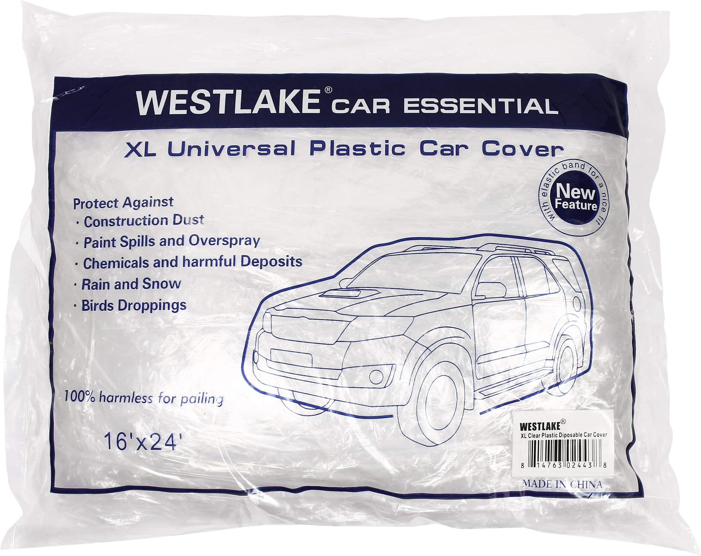 Car Essential Universal Disposable Clear Plastic Car Cover Suitable for SUV Sedan Mini Van, 24 Feet by 16 Feet Extra Large Size with Elastic Band