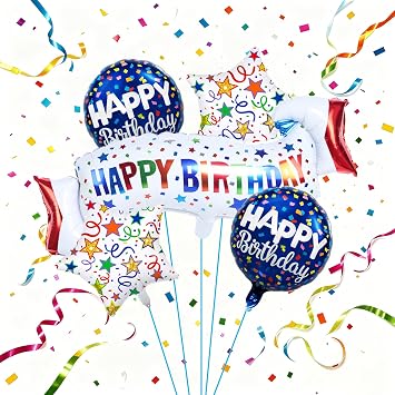 Birthday Decoration Set Colorful Happy Birthday Banner Balloon,Star and Circle Mylar Foil Balloon for Birthday Decorations and Party Supplies 5PCS