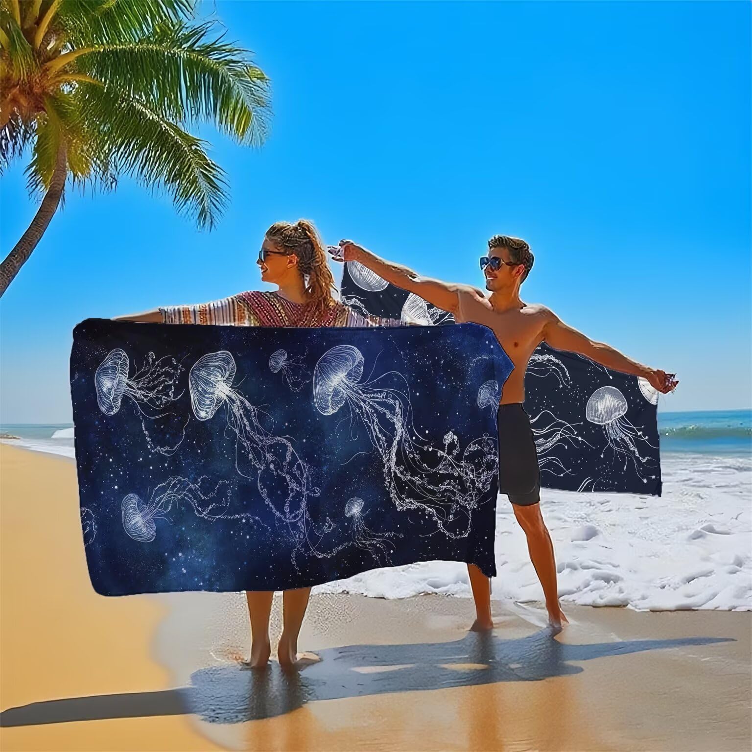 Serviette de Plage 90x200cm, Bleu Serviette Microfibre Lot de 2 Méduse Motif Ultra Absorbantes Séchage Rapide Anti Sable Légère Drap de Plage avec Bouton Pression Design pour Piscine Voyages, Model581