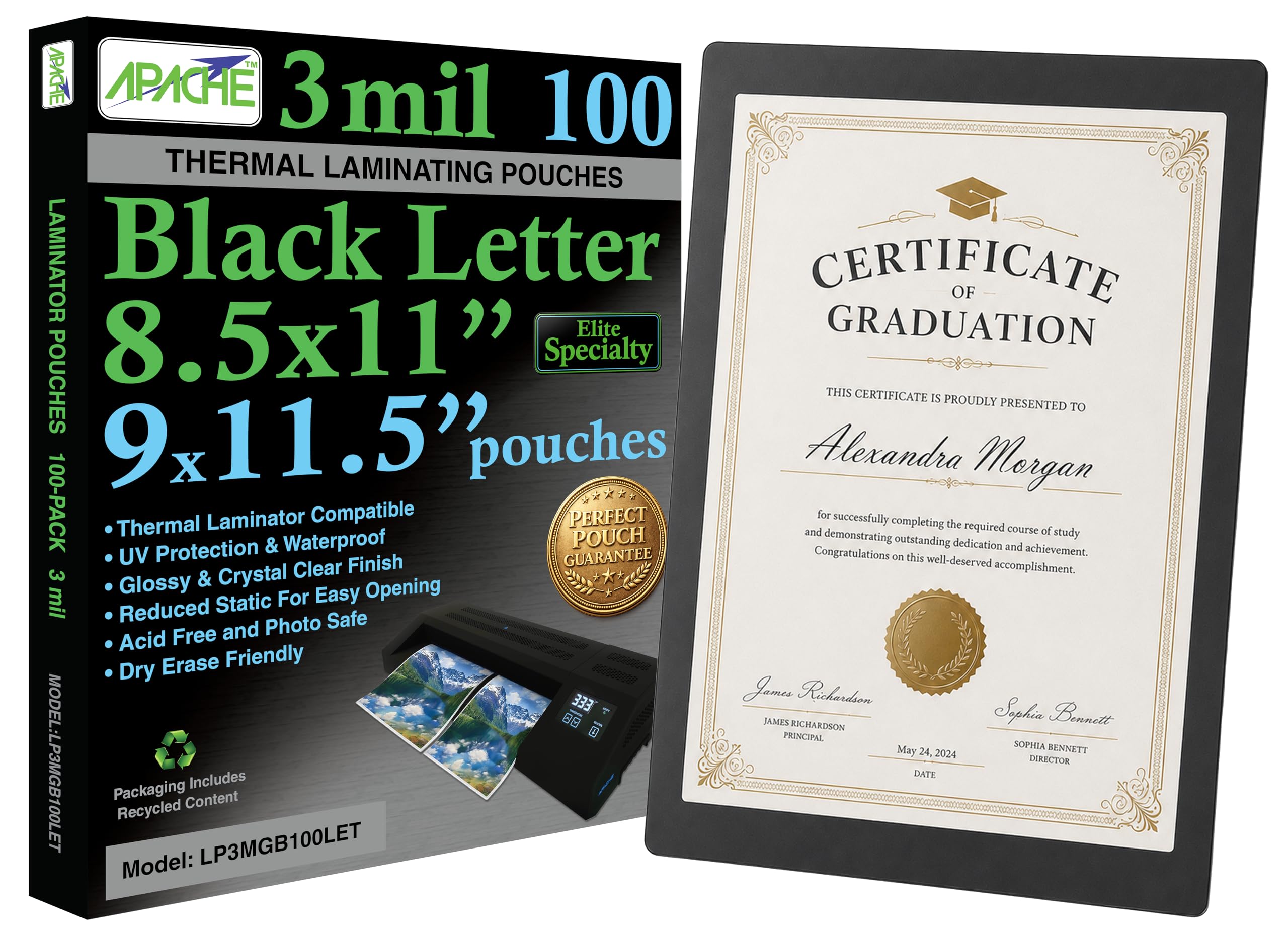 Apache Letter Size Black Back Laminating Pouches, 3 Mil, 100 Pack, Holds 8.5 x 11 Inch Projects (9 x 11.5 Inch Pouch Size), Thermal Laminator Compatible Colored Laminating Sheets, Elite Specialty Line