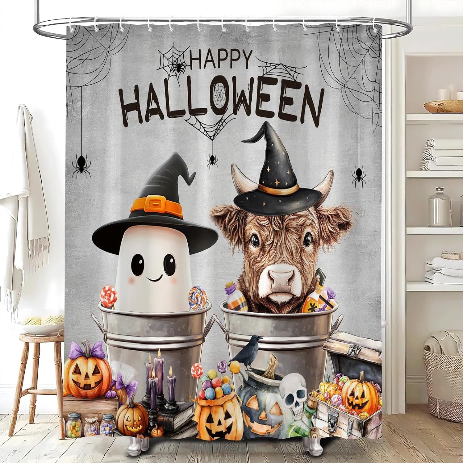 Halloween Shower Curtain Funny Highland Cow Ghost Fall Pumpkin Skull Farmhouse Animal Witch Hat Cute Calf Cattle Crow Spider Web Crow Candy Gothic Bathroom Accessories Fabric with Hooks 70Wx90H Inch