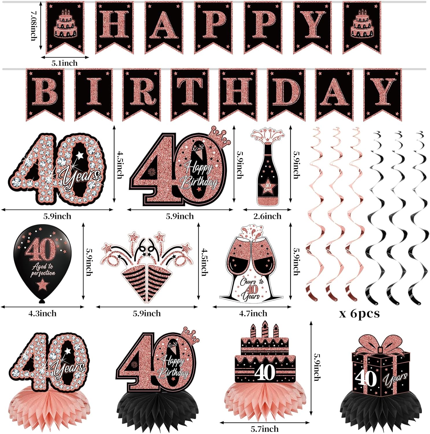 42PCS 40th Birthday Decoration Kit for Women, Rose Gold Happy 40th Bday Banner Balloons Honeycomb Centerpiece Swirl Paper Pompoms Party Supplies, 40 Bday Sash Table Cake Topper Swirls Set - Image 2