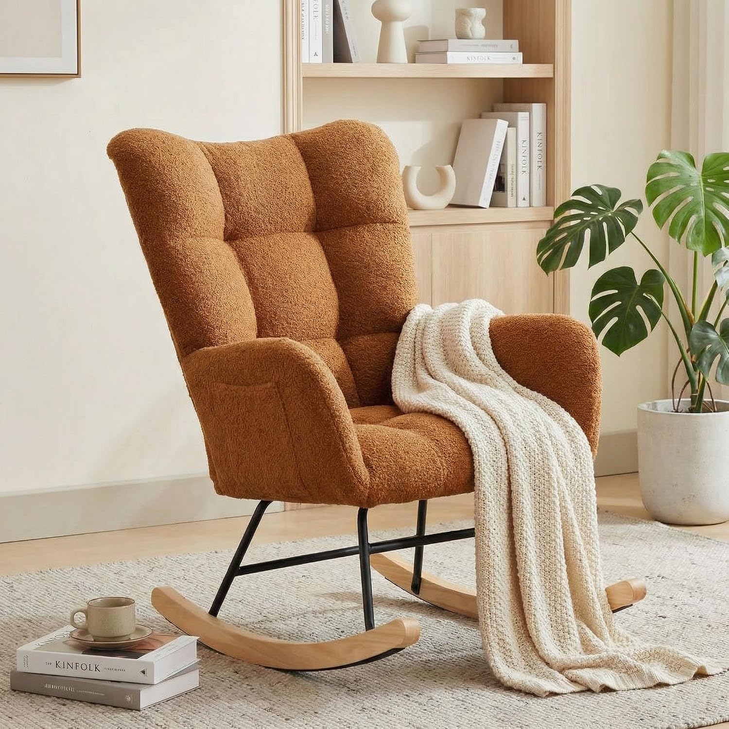IDEALHOUSE Modern Nursery Rocking Chair, 300lbs Support Teddy Upholstered Glider Rocker with Side Pockets, High Backrest, Armrests, Metal Legs & Wood Base for Living Room, Bedroom Office