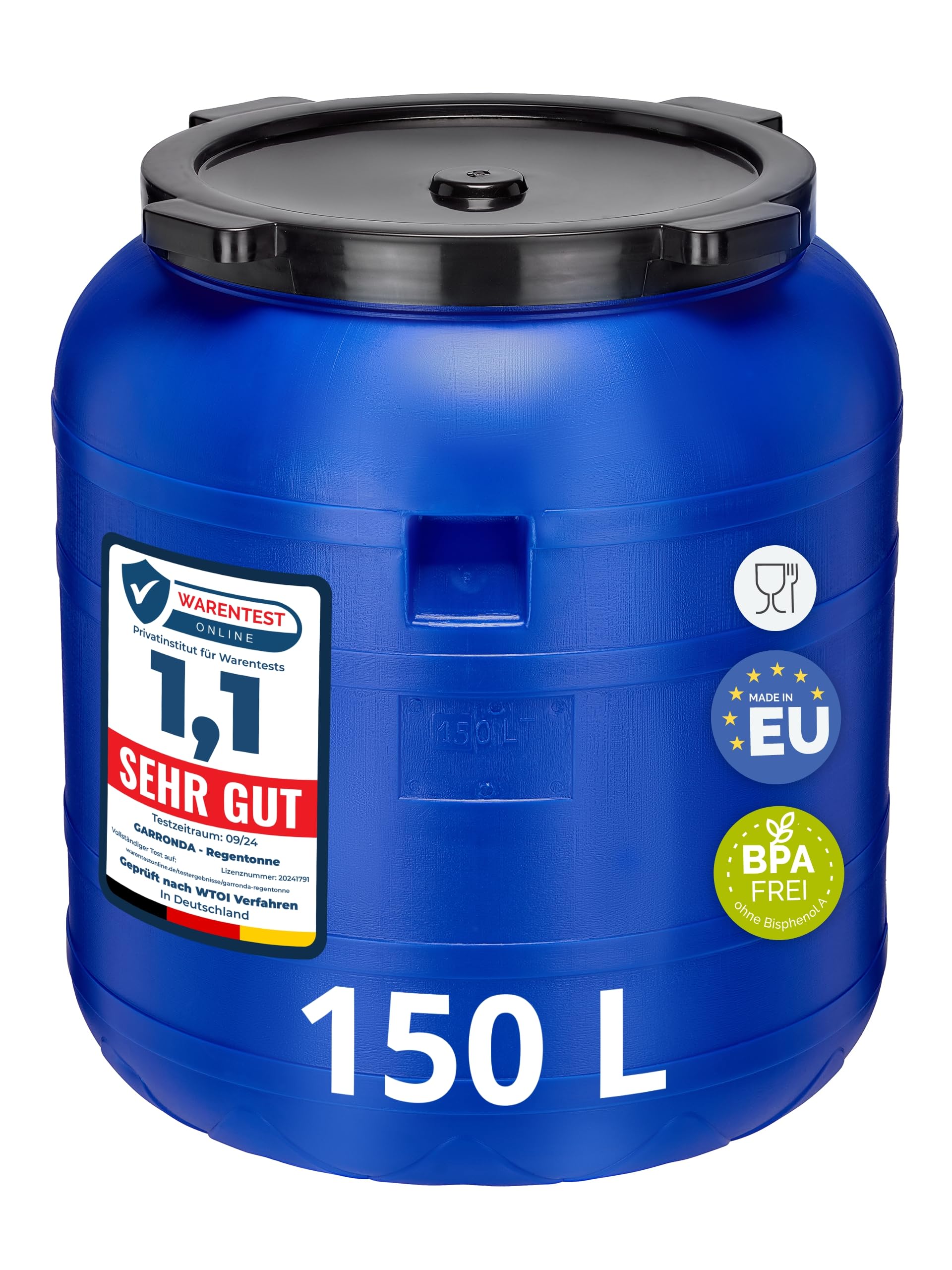 Garronda 150 Liter Weithalsfass BPA-frei Futtertonne Fass Universalfass Lebensmittel Fass Regenfass für Garten Regentonne mit Deckel Regenwassertonne für Garten Wassertonne GD-0093 Blau