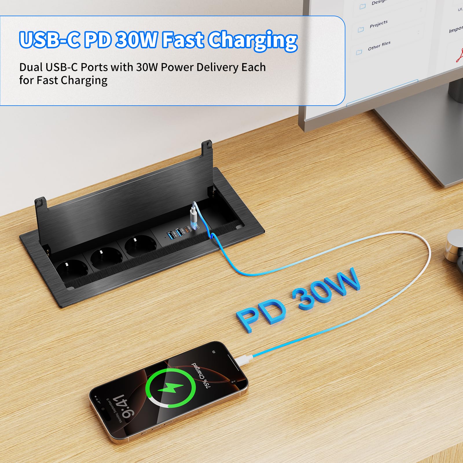 Versenkbare Steckdose mit 2X USB-C PD 30W, 3-Fach, Aluminium | 2x USB-A QC 18W, Klappdeckel für saubere Optik, Bürstenleiste für Kabelmanagement, 1,8 m Kabel, Schreibtisch & Küche