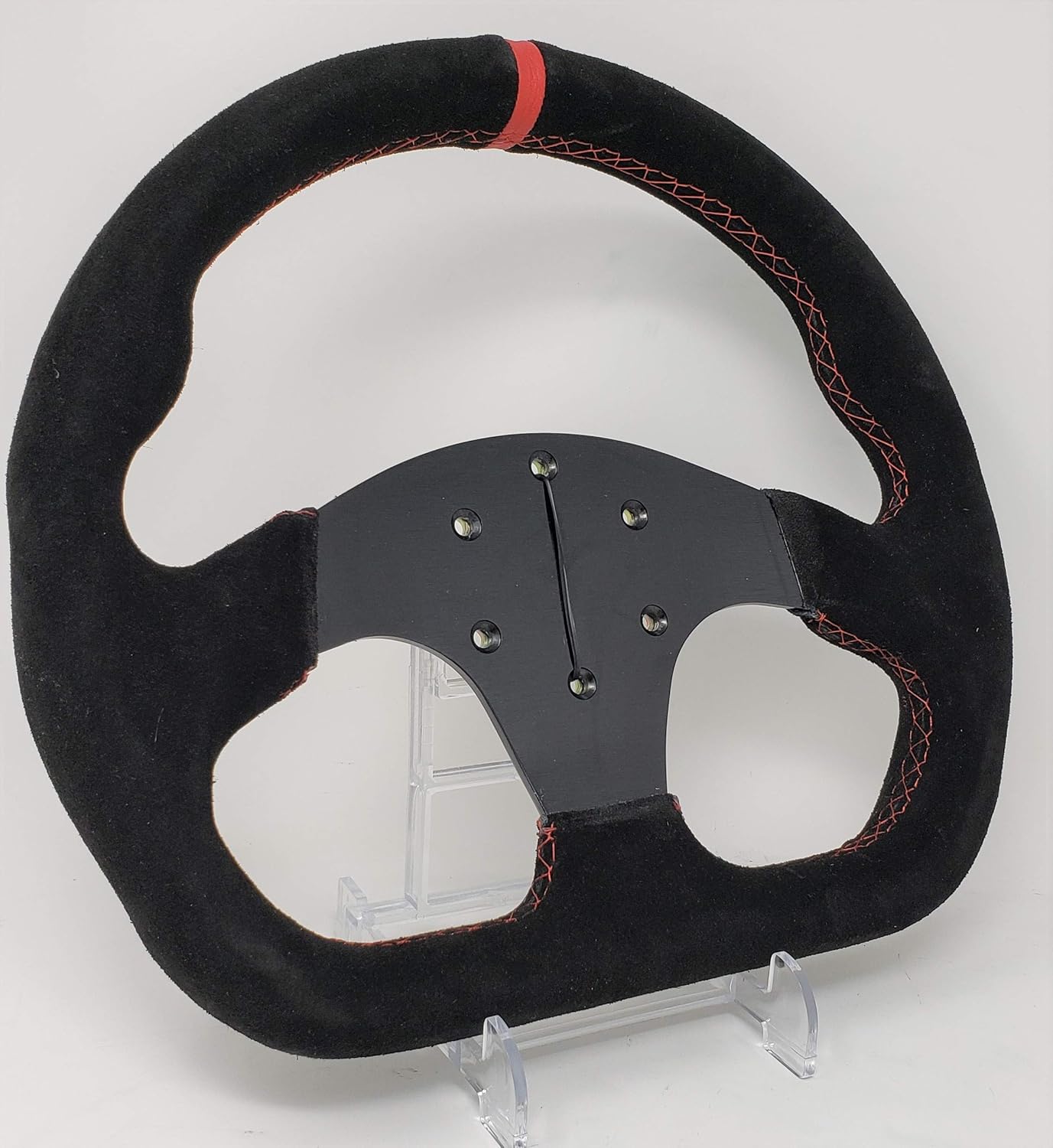 12.5" D-Shaped Steering Wheel Race Style Black Suede Leather with Red stitch no horn