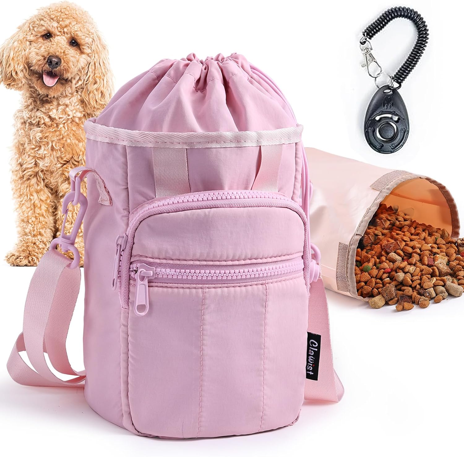 Stylish Dog Training Treat Pouch with Waist & Shoulder Strap, Dog Treat Bag for Walking and Training, Removable Waterproof Liner, Drawstring Treat Holder with Front Pocket & Clicker