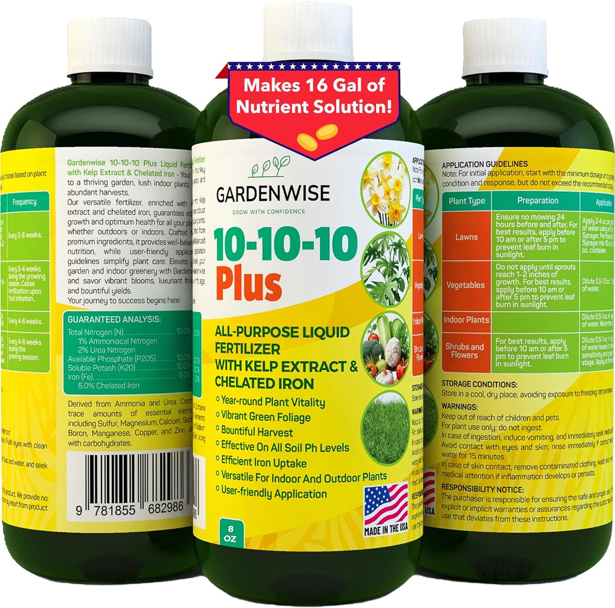 GARDENWISE 10-10-10 All Purpose Plant Food - Liquid Fertilizer with Seaweed Kelp & Iron - Indoor & Outdoor Plant Food, Vegetables, Flowers, Lawn & Garden 1x8oz
