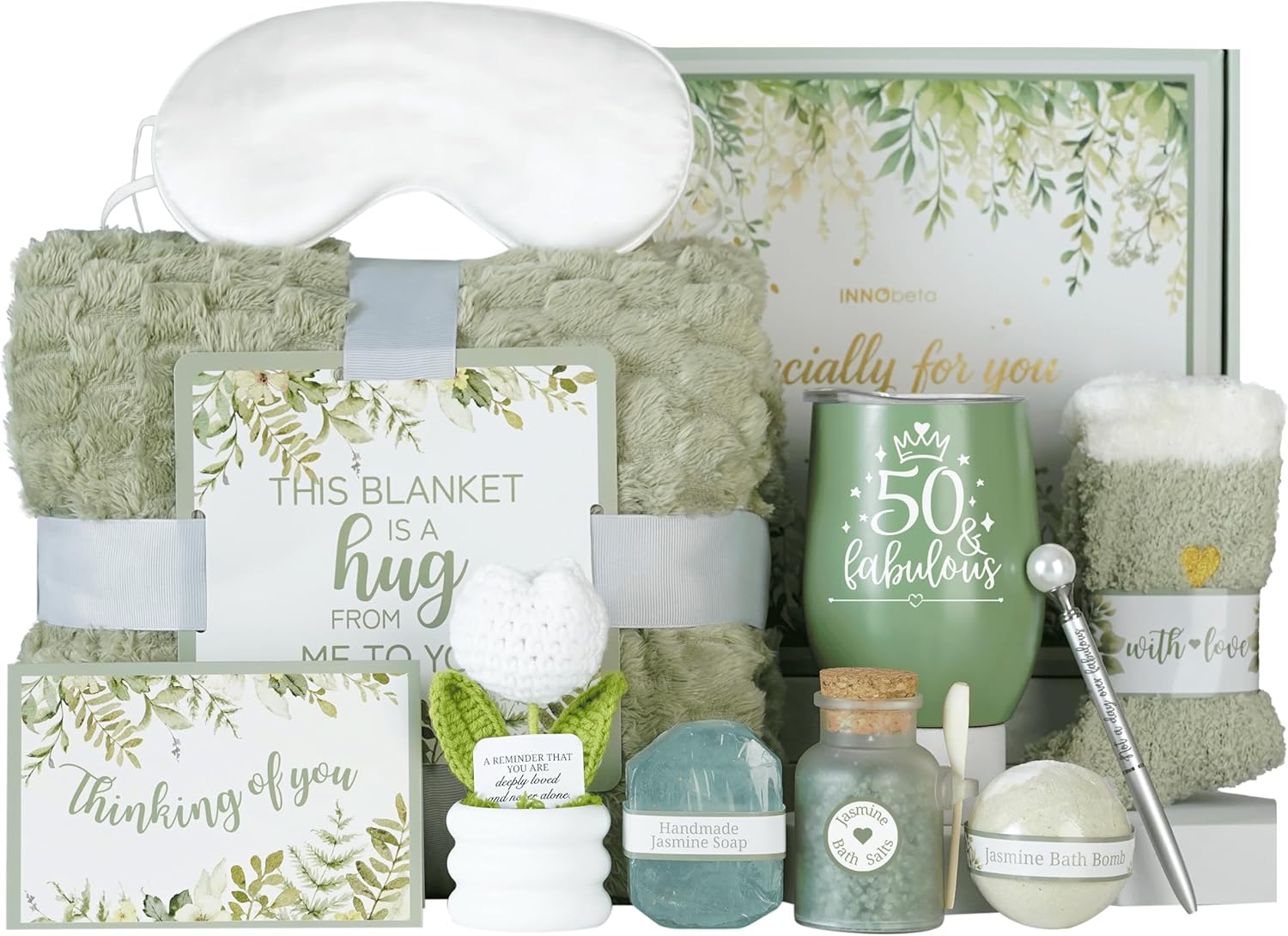 InnoBeta 50th Birthday Gifts for Women, 50th Birthday Gift Basket for Her, with Blanket, Tumbler, Socks, Bath Products, Useful Self Care Package for Female - 50 and Fabulous
