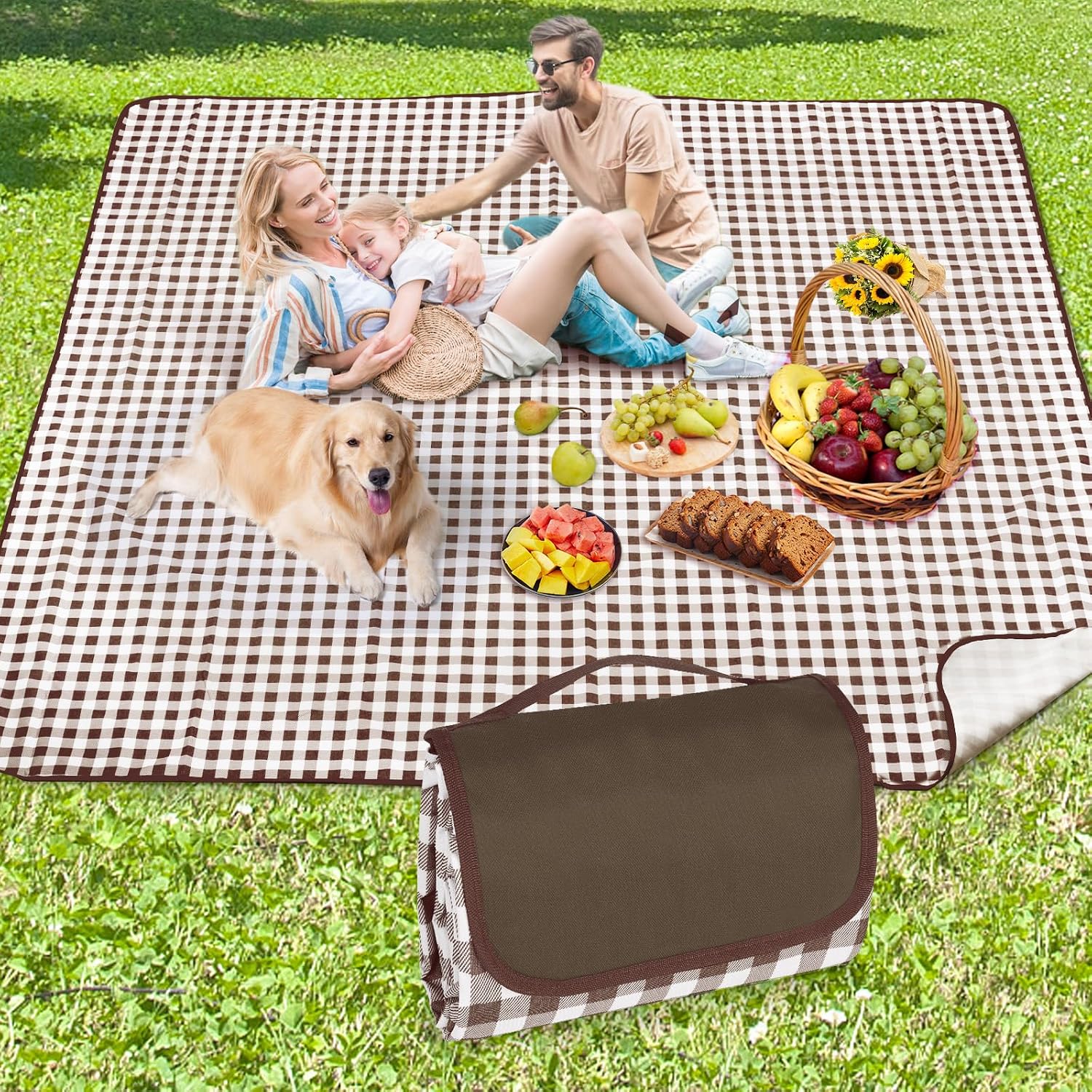 Picnic Blanket Waterproof, 79"x79" Picnic Mat Camping Blanket, Sandproof Machine Washable with Carrying Handle for Outdoor Camping Beach Family Picnic (Brown)