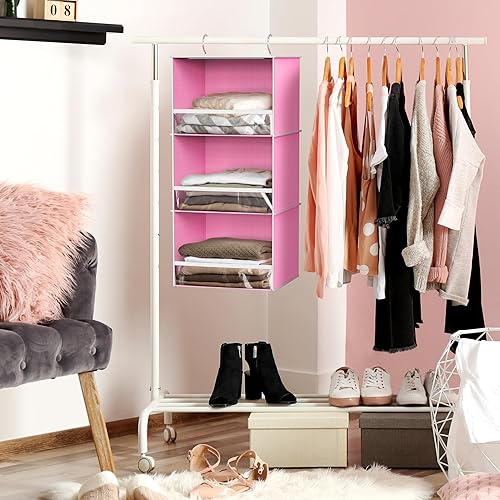 Miniatura 2 de Simple Houseware Organizador de armario colgante de 3 estantes con tapón frontal, rosa
