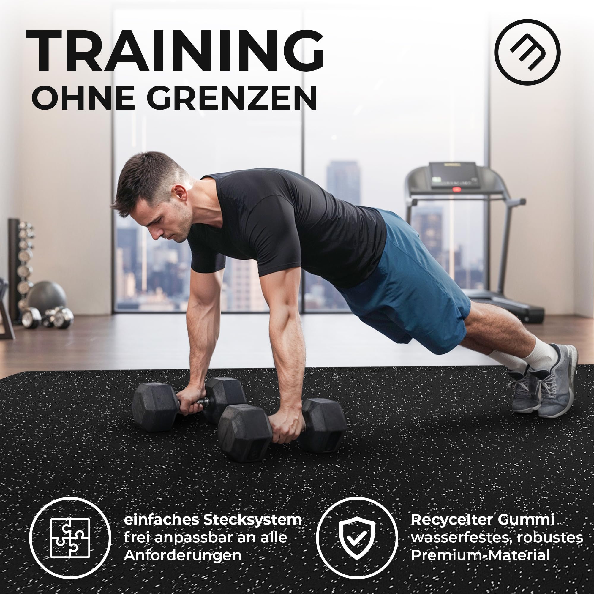 bemaxx Bodenschutzmatte Fitness – 18 Eva/Gummi-Matten im Set: Gym Fitnessgeräte Sportmatte Puzzlematte Laufbandmatte Fitnessmatte Unterlegmatte Sportgeräte Trainingsmatte Bodenmatte Gymnastikmatte