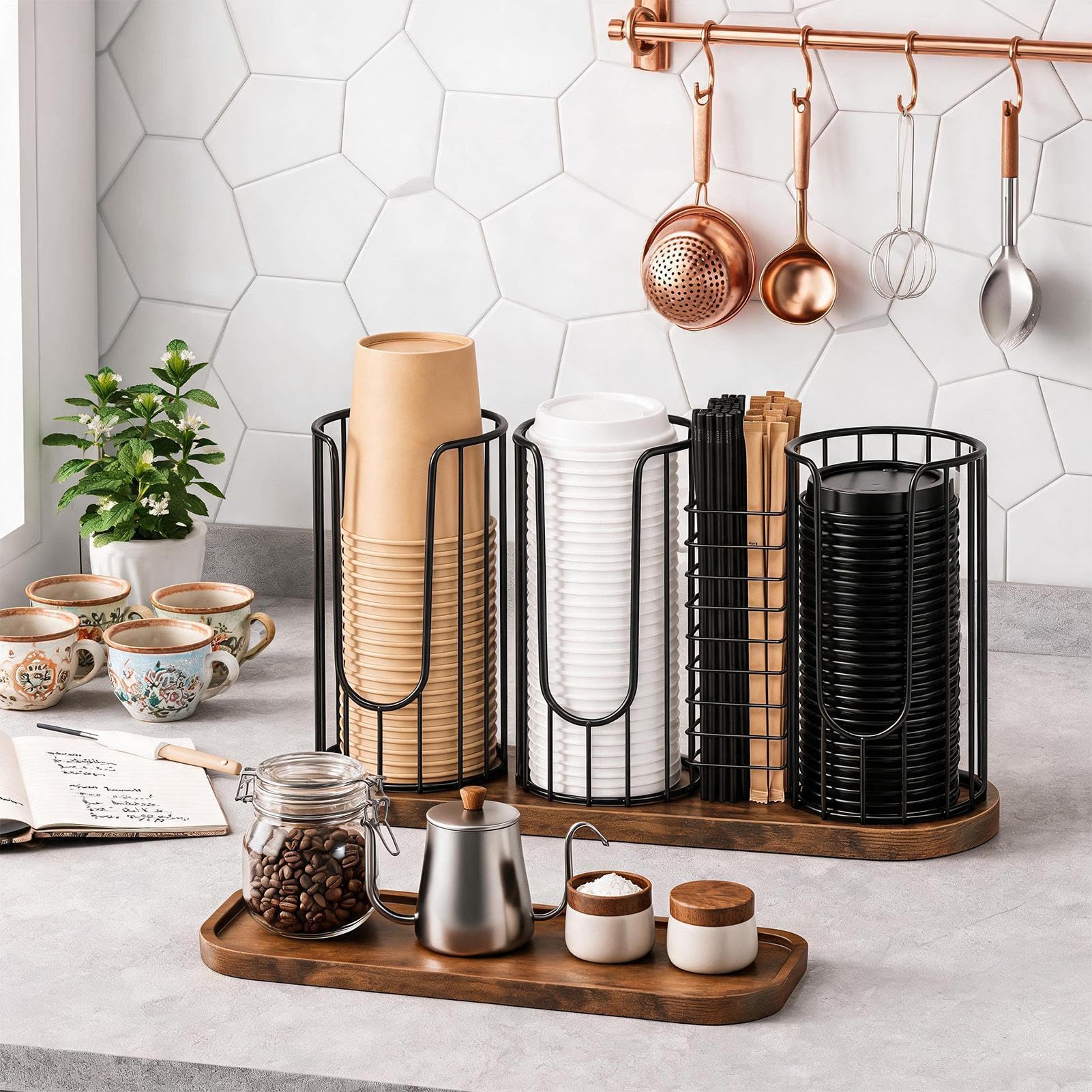 Organizador de tazas de café retro de metal con 4