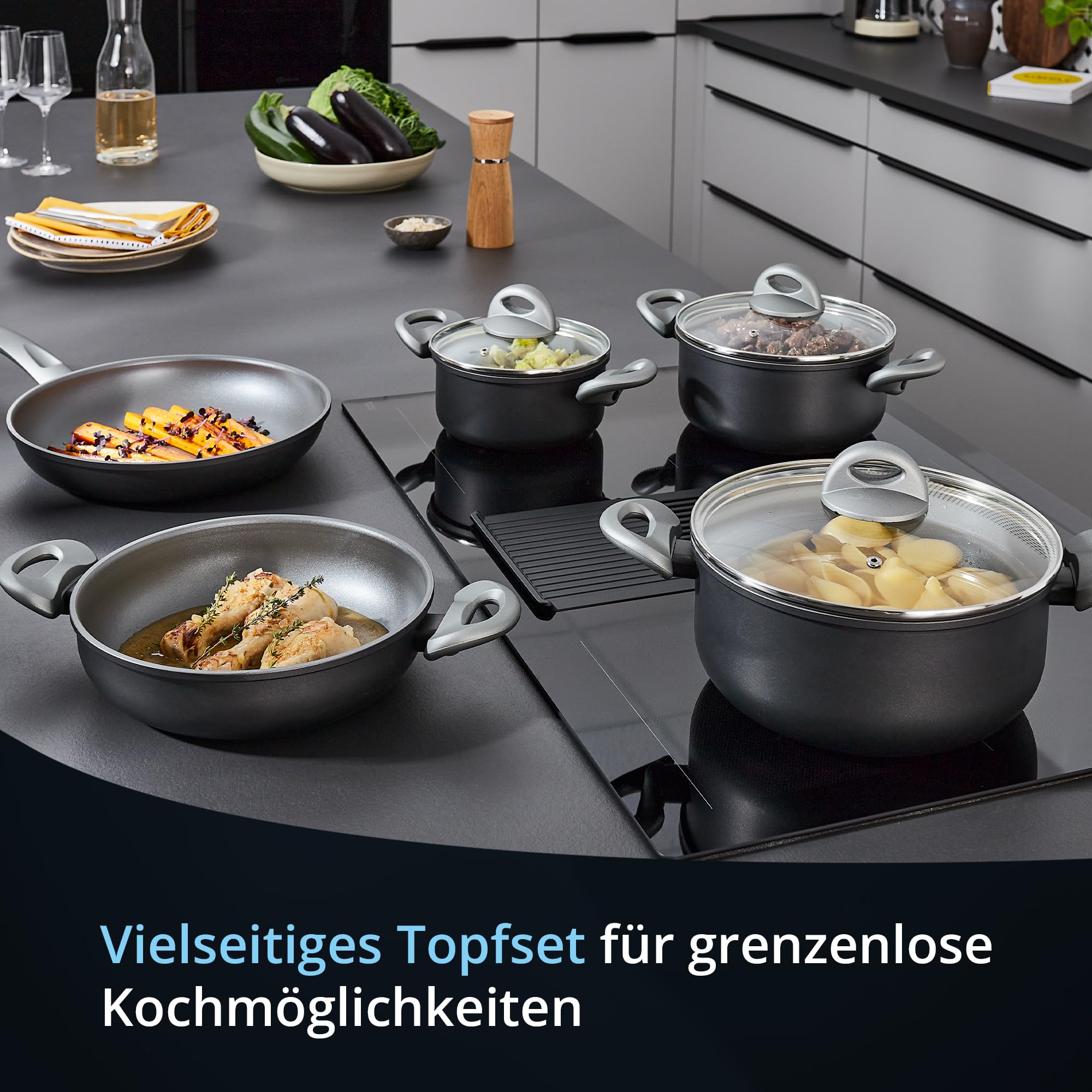 KHG Topf- und Pfannenset 5-teilig Induktion Antihaftbeschichtung, Antihaft | spülmaschinengeeignet, geschmiedetes Aluminium schwarz, Kochtöpfe mit Glasdeckel, Servierpfanne, Bratpfanne, für Küche