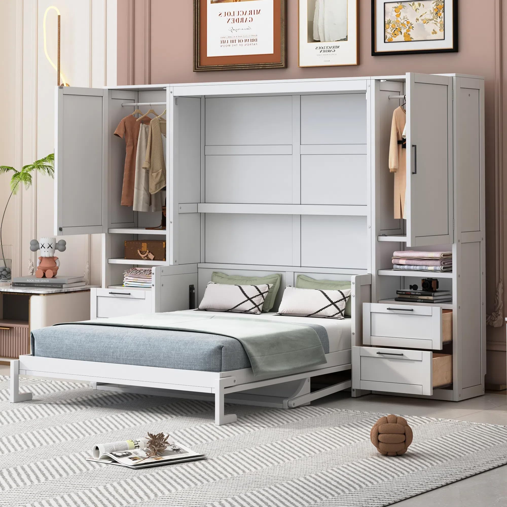 LUMISOL Queen Size Murphy Bed with Desk, Wall Bed with Storage Drawers, Closet and Shelves, Murphy Bed Frame for Bedroom Guestroom Study Room, No Box