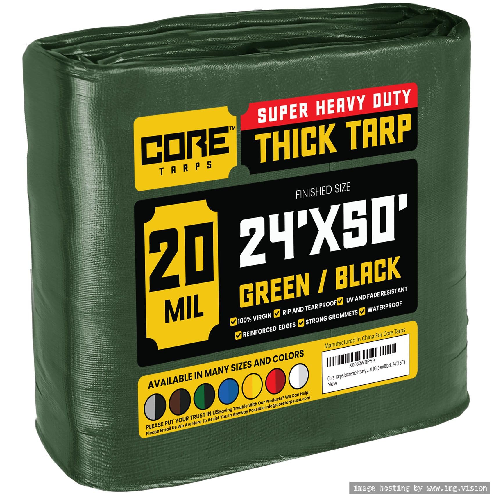 Core Tarps Extreme Heavy Duty 20 Mil Tarp Cover, Waterproof, UV Resistant, Rip and Tear Proof, Poly Tarpaulin with Reinforced Edges for Roof, Patio, Pool, Boat (Green/Black 24′ X 50′)