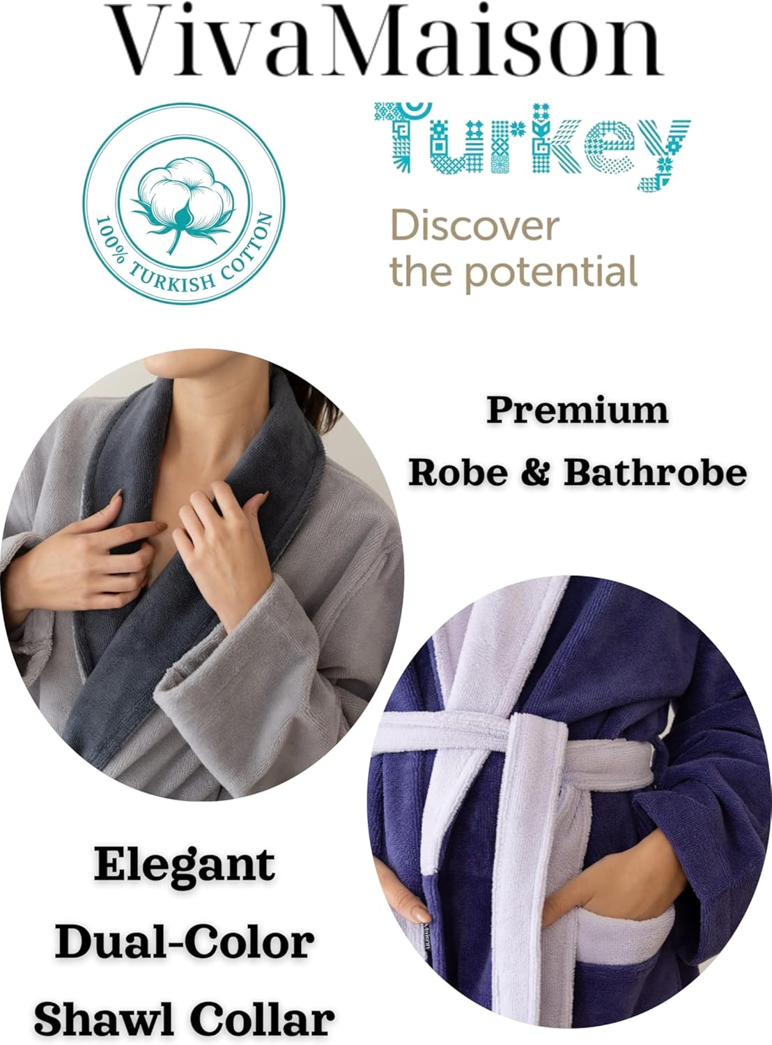Luxury Two-Tone Robe for Womens & Mens | Premium Turkish Cotton Terry Cloth Bath Robes, Elegant Housecoats