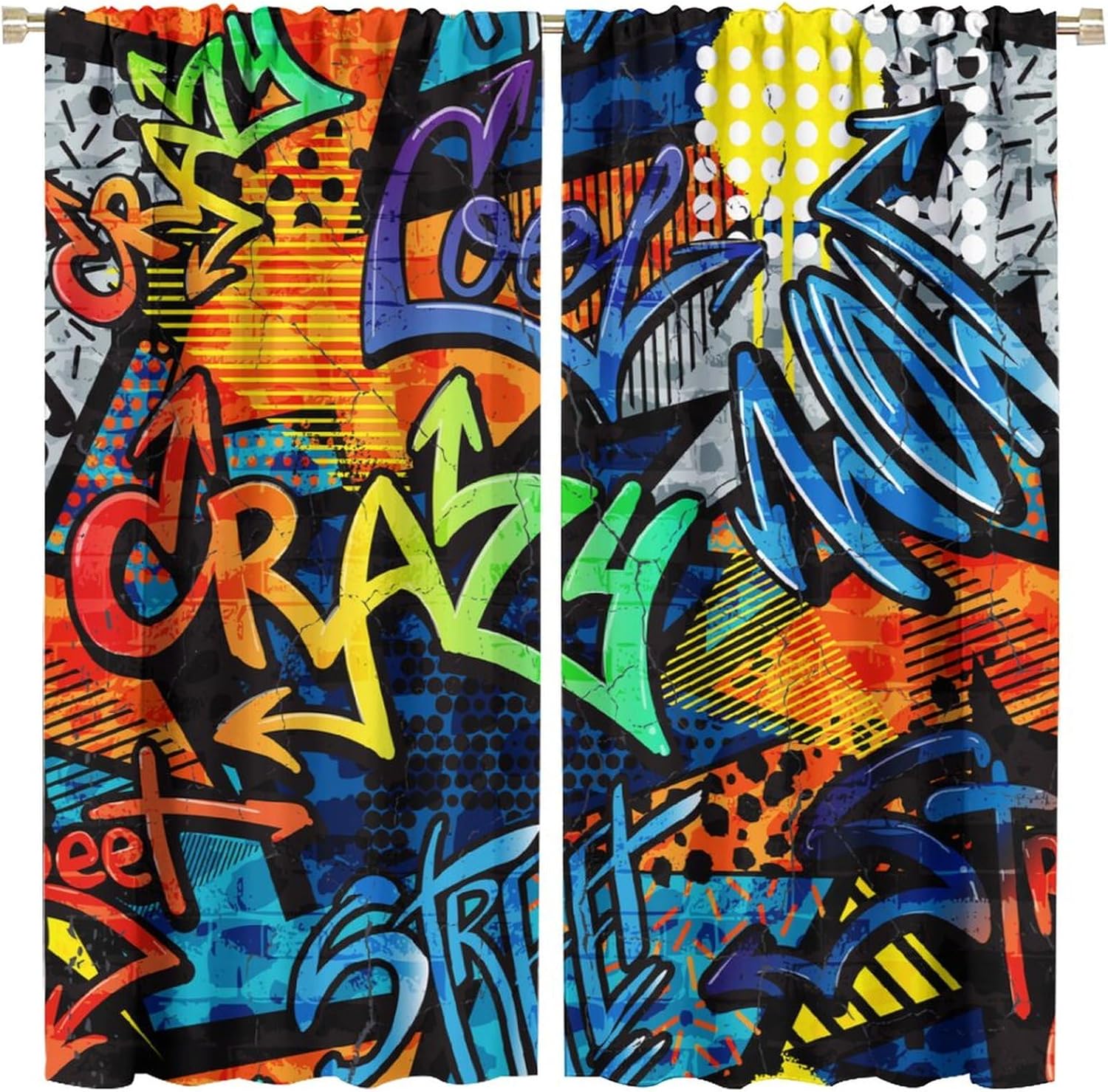 Graffiti Curtain Colorful Abstract Hip Hop City Street Wall Messy Popular Design Inkjet Doodles STYL for Living Girl Room Bedroom Window Curtain Drapes 2 Panels 42x45 Inch