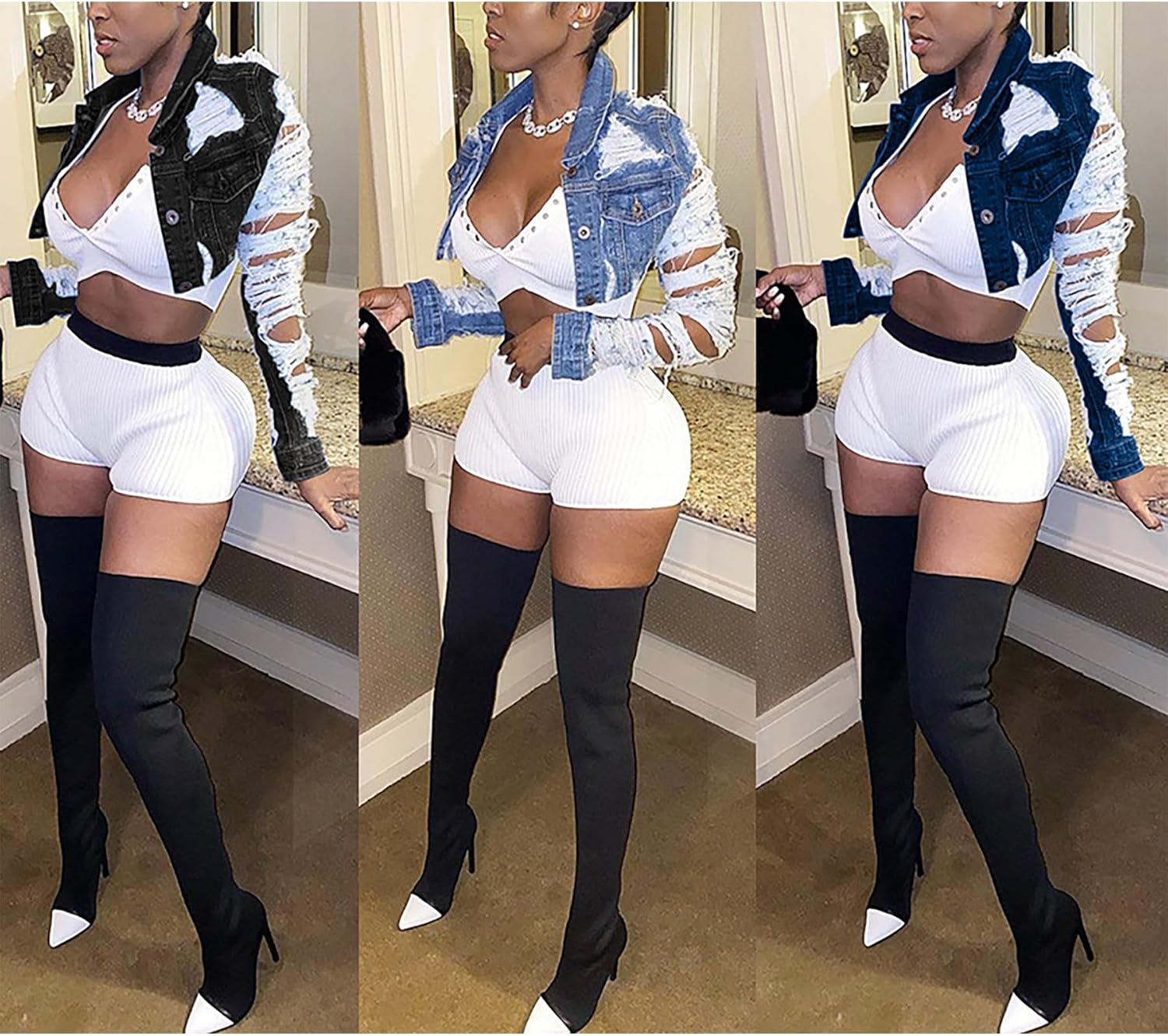 Voghtic Women Sexy Ripped Denim Jackets Lapel Button Down Short Crop Top Jeans Coat - Image 6
