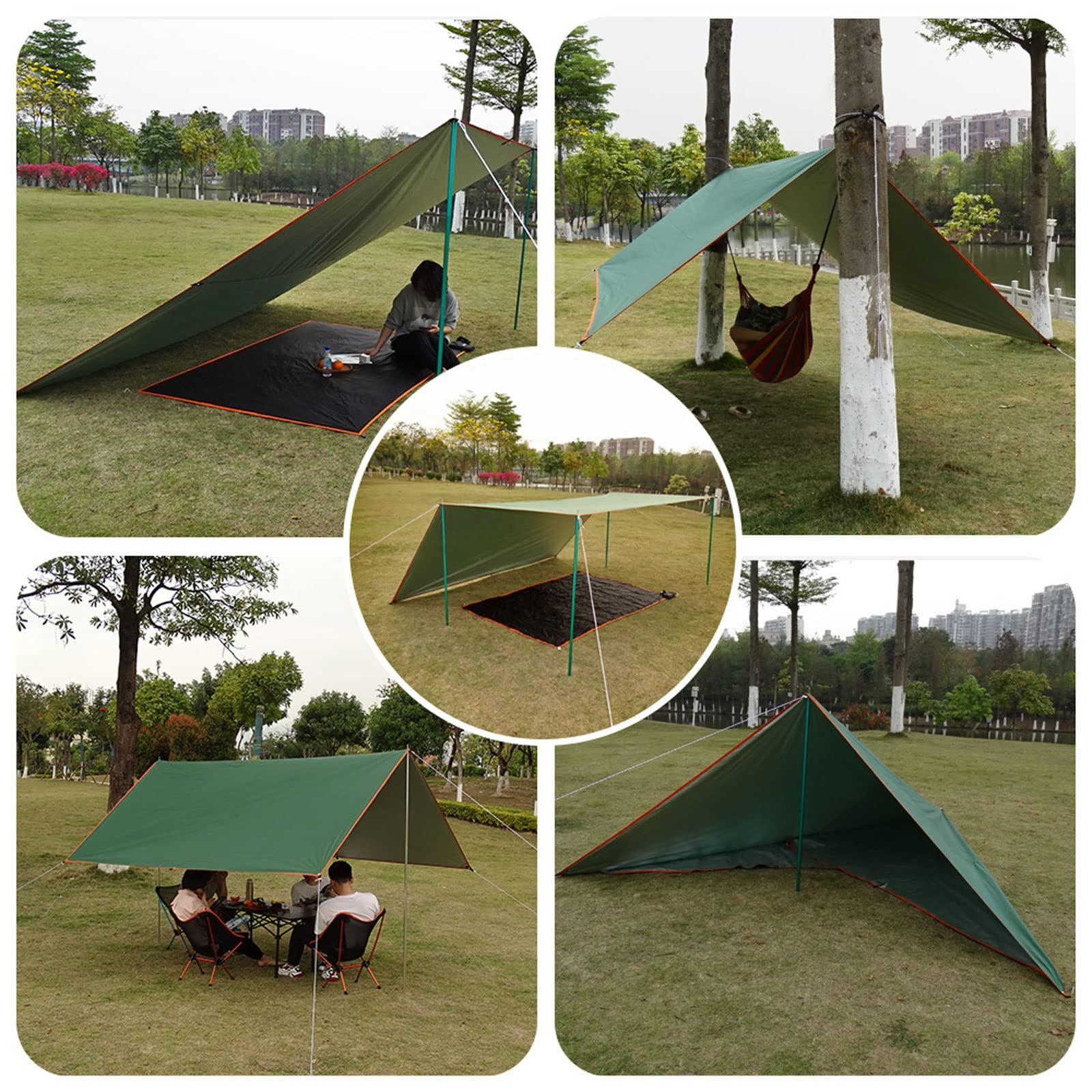 Telo da Campeggio, Telo Impermeabile per Esterni 3x3 3x4 3x5 Tenda da Sole da Campeggio con Rivestimento in Argento 300x300 Doppio Tetto Portatile Leggero per Tenda, Green, 3x4m