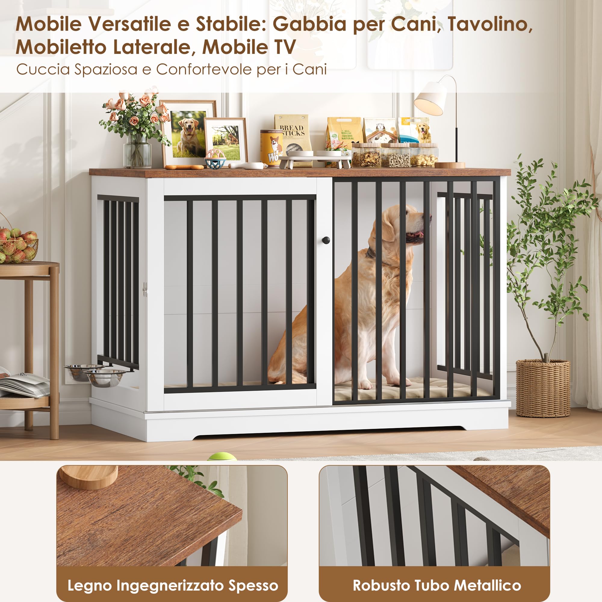 FirFurd 120 cm Gabbia per Cani, Kennel Cane Grande con Porta Scorrevole, con 2 Ciotole che Ruotano di 360°, Cane Kennel in Metallo e Legno, 120x60x90cm (Bianco+Marrone)
