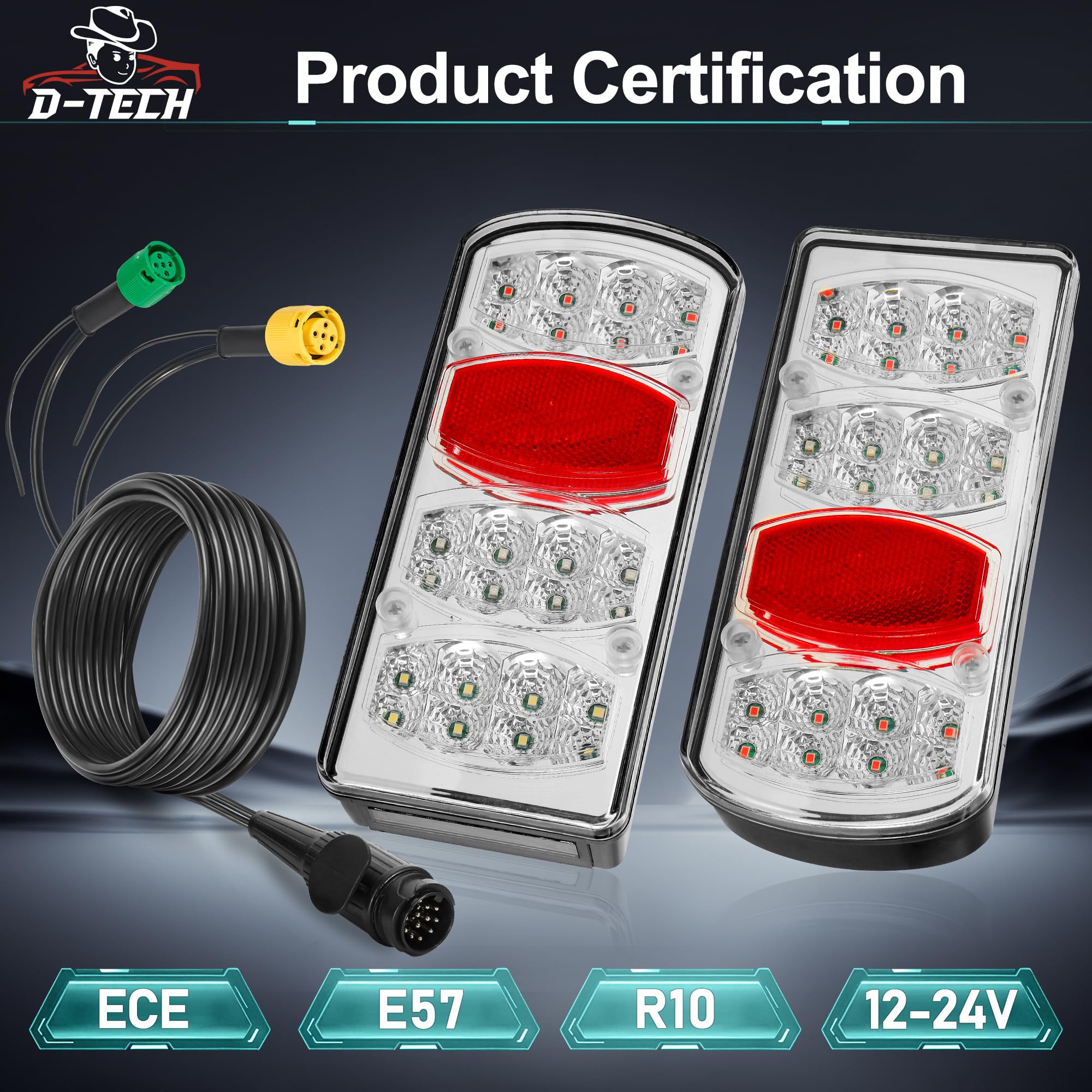 D-TECH Kit Éclairage Feux Arrière Remorque LED 13 Broches 12V 24V avec Faisceau 5,5m + Rallonge 25 cm pour Éclairage de Plaque Feu Antibrouillard Arriere de Gabarit de Recul Remorque
