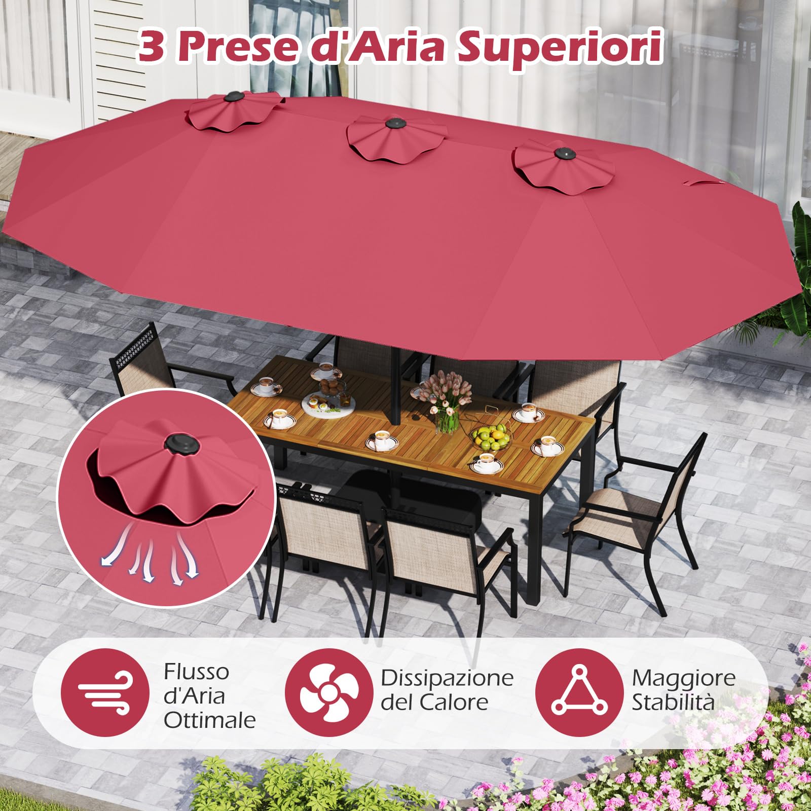COSTWAY Ombrellone Doppio Rettangolare 443 x 263 cm con Sistema a Manovella, Base e 12 Costole, per Giardino e Cortile (Rosso)