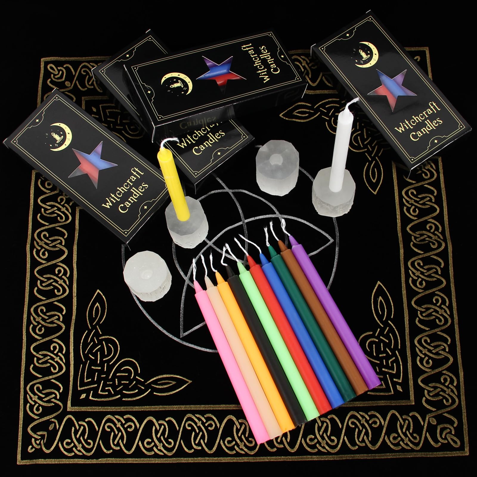 Set di 48 candele magiche con 4 portacandele in selenite su misura – candele colorate per stregoneria, rituali, meditazione, altare – Stabilità garantita, combustione sicura