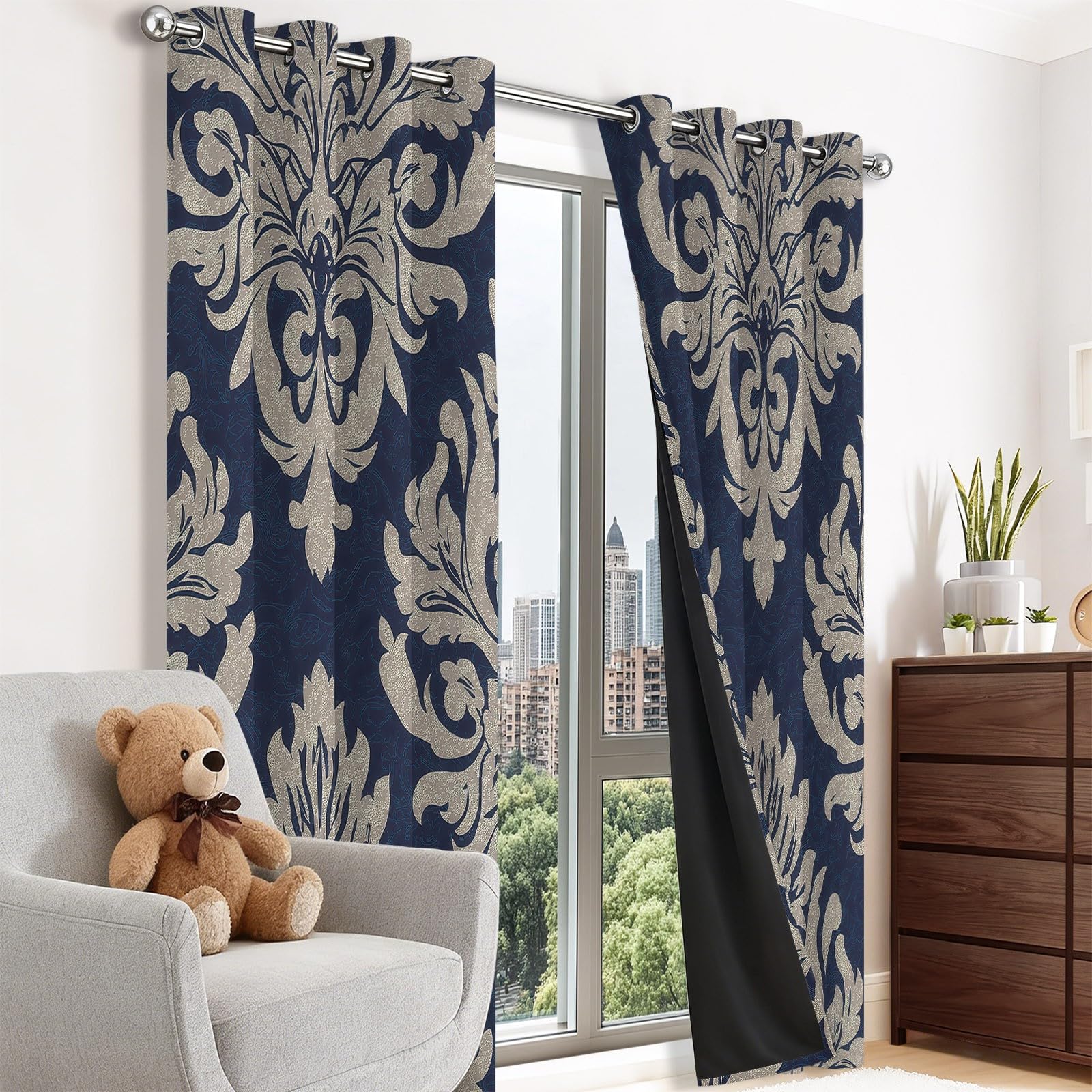 Verdunklungsvorhänge Beige-Blau Europäisch Klassisch Symmetrisch Schnörkel Blumen Vorhänge 2er Set H200 x B70 cm, Hitzeschutz Blickschutz Thermovorhang Ösen für Wohnzimmer Schlafzimmer Kinderzimmer
