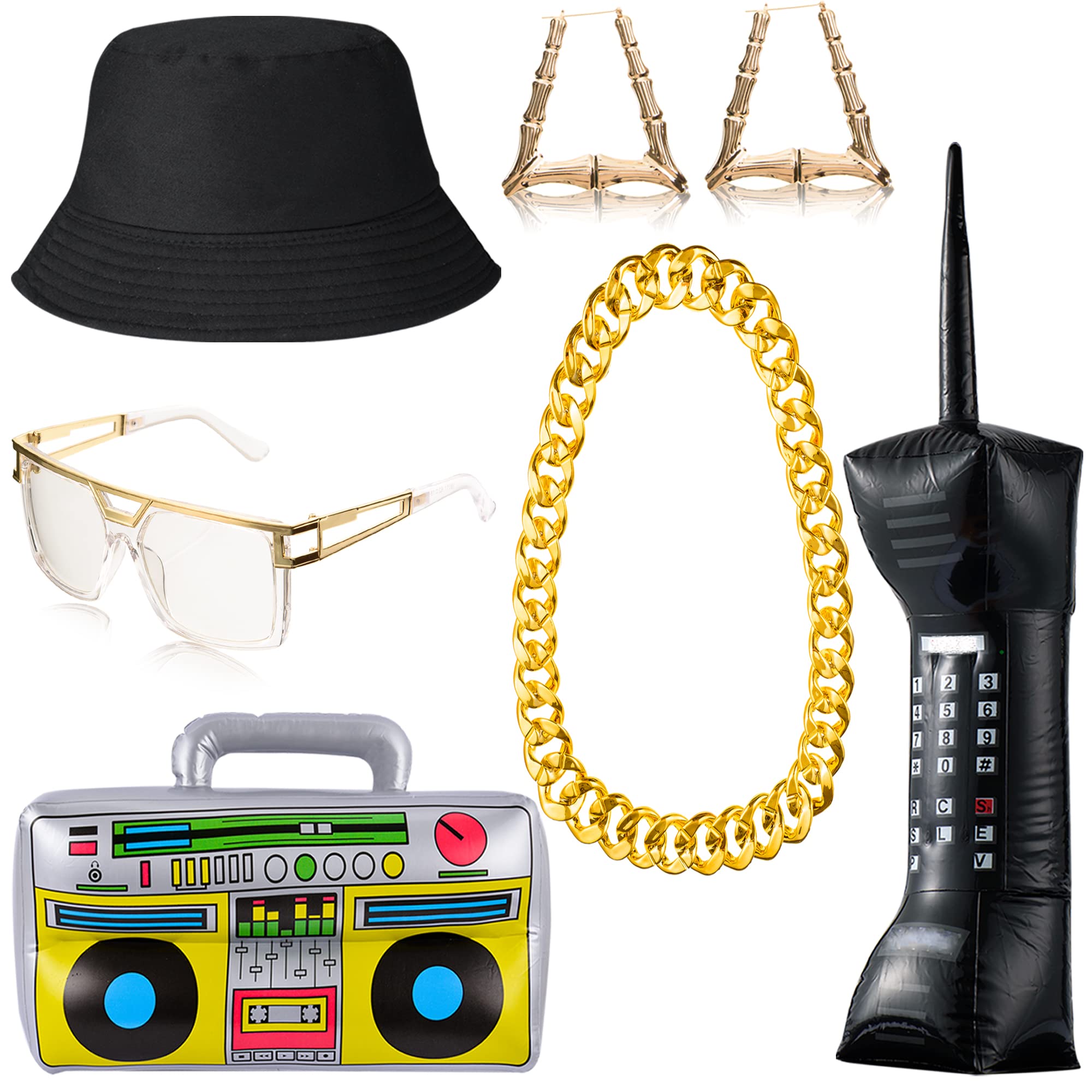 YAROMO7 Pcs Rapper Hip Hop Costume Kit,80s 90s Accessories Outfit Includes Rapper Sunglasses Earrings Bucket Hat for 80s/ 90s Theme Party Decorations
