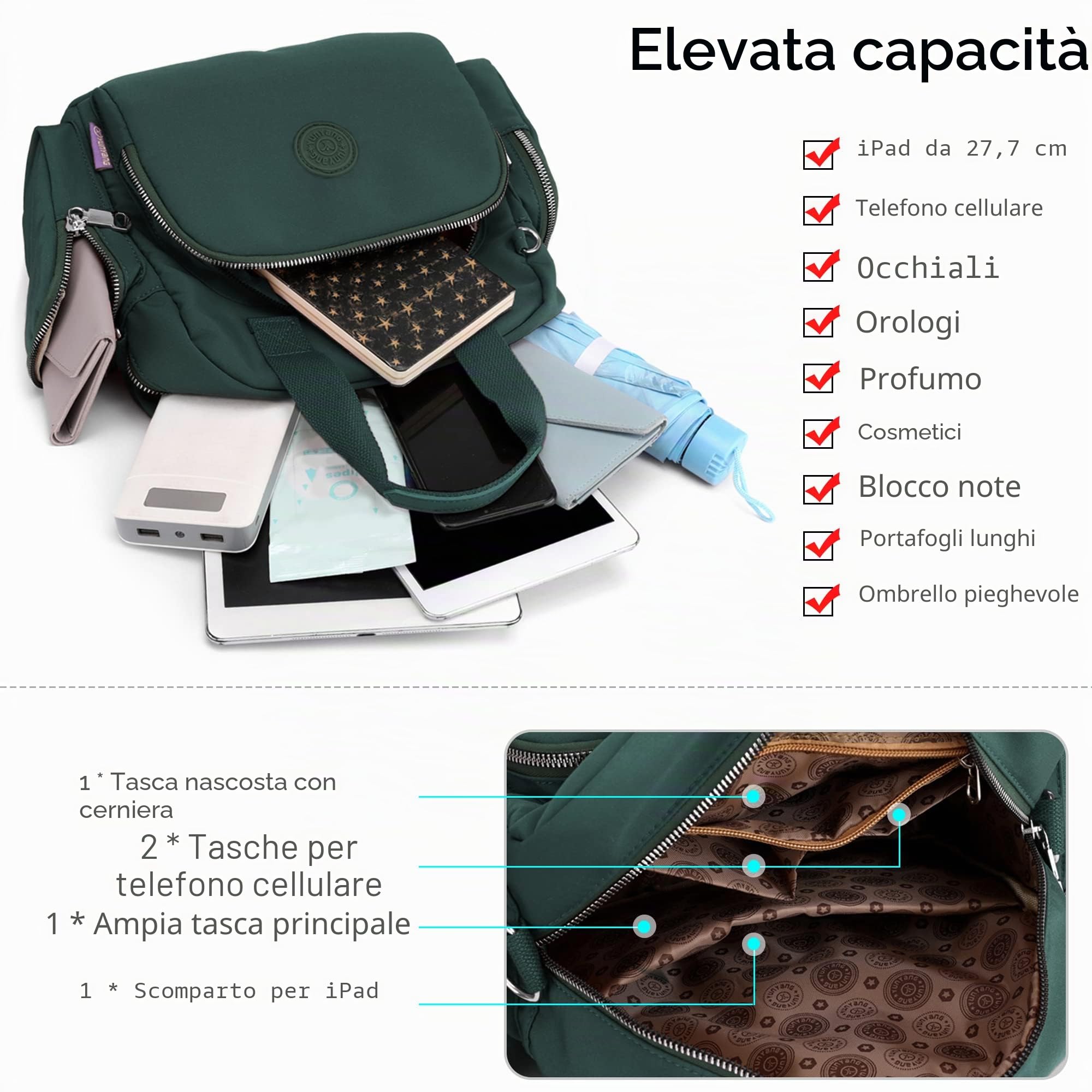 VARLIVOO Moda Borsa a Tracolla da Donna con USB Porta Borsa a Tracolla Borsetta da Donna Zaino College Viaggio Scuola Campeggio Borsa Poliestere Impermeabile Verde Scuro