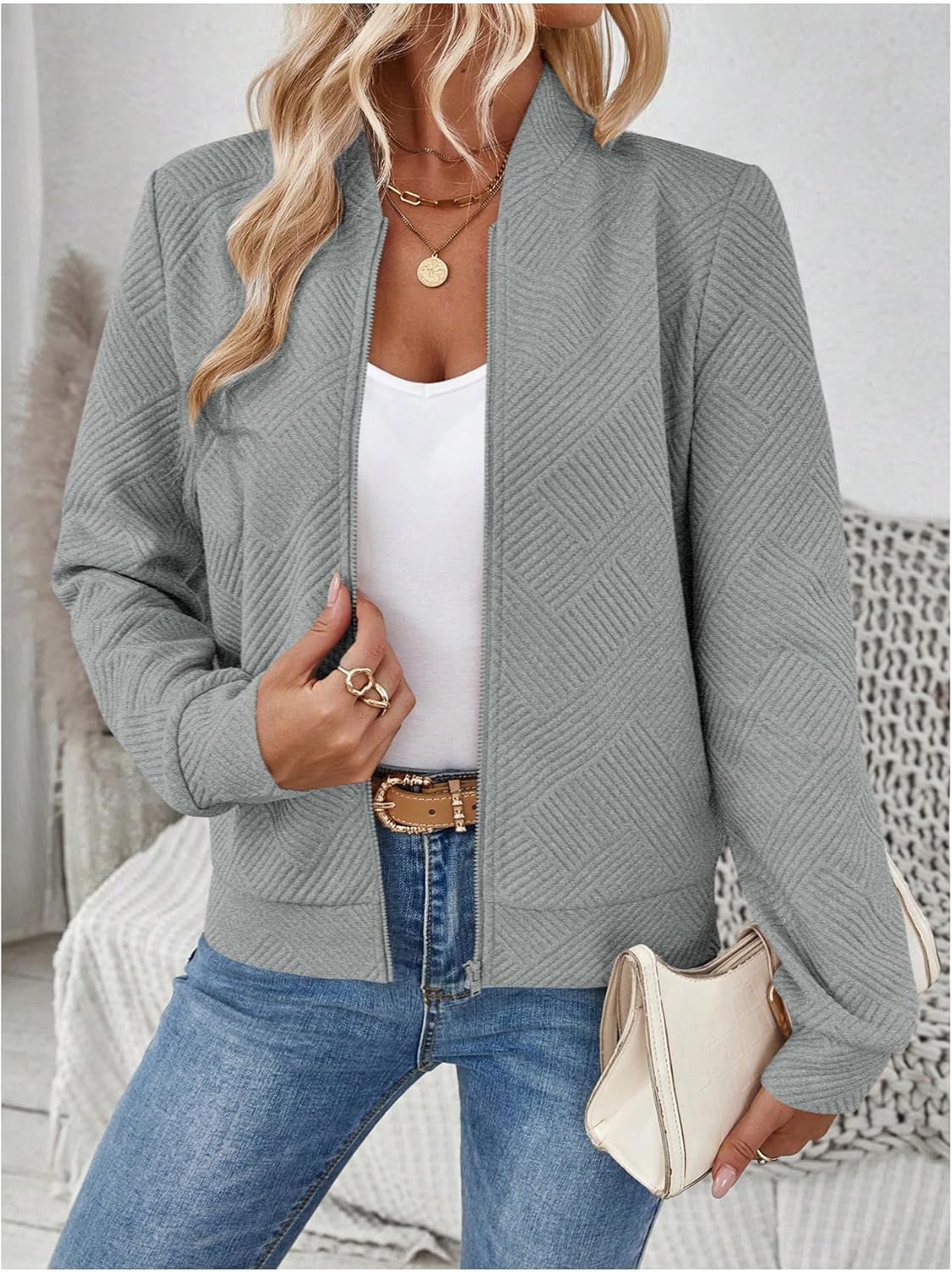 Verdusa Women's Zip Up Bomber Jacket Casual Long Sleeve Textured Lightweight Coat Business Casual Outfits Spring Fall Clothes - Image 3