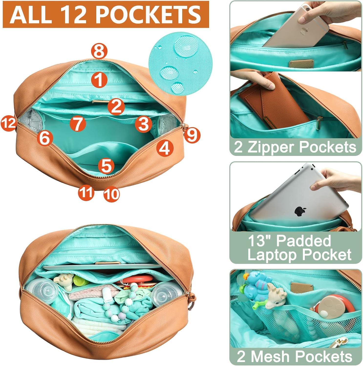 MOMINSIDE Diaper Bag Backpack, 12 Pockets Leather Mini Diaper Bag, Baby Bag Backpack, Baby Registry Search, 4 Insulated Pockets, Changing Pad, Stroller Straps(Brown) - Image 3