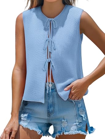 Mansy Women Tie Front Vest Top Y2k Knit Crew Neck Sleeveless Crop Sweater Tank Vintage Casual Streetwear