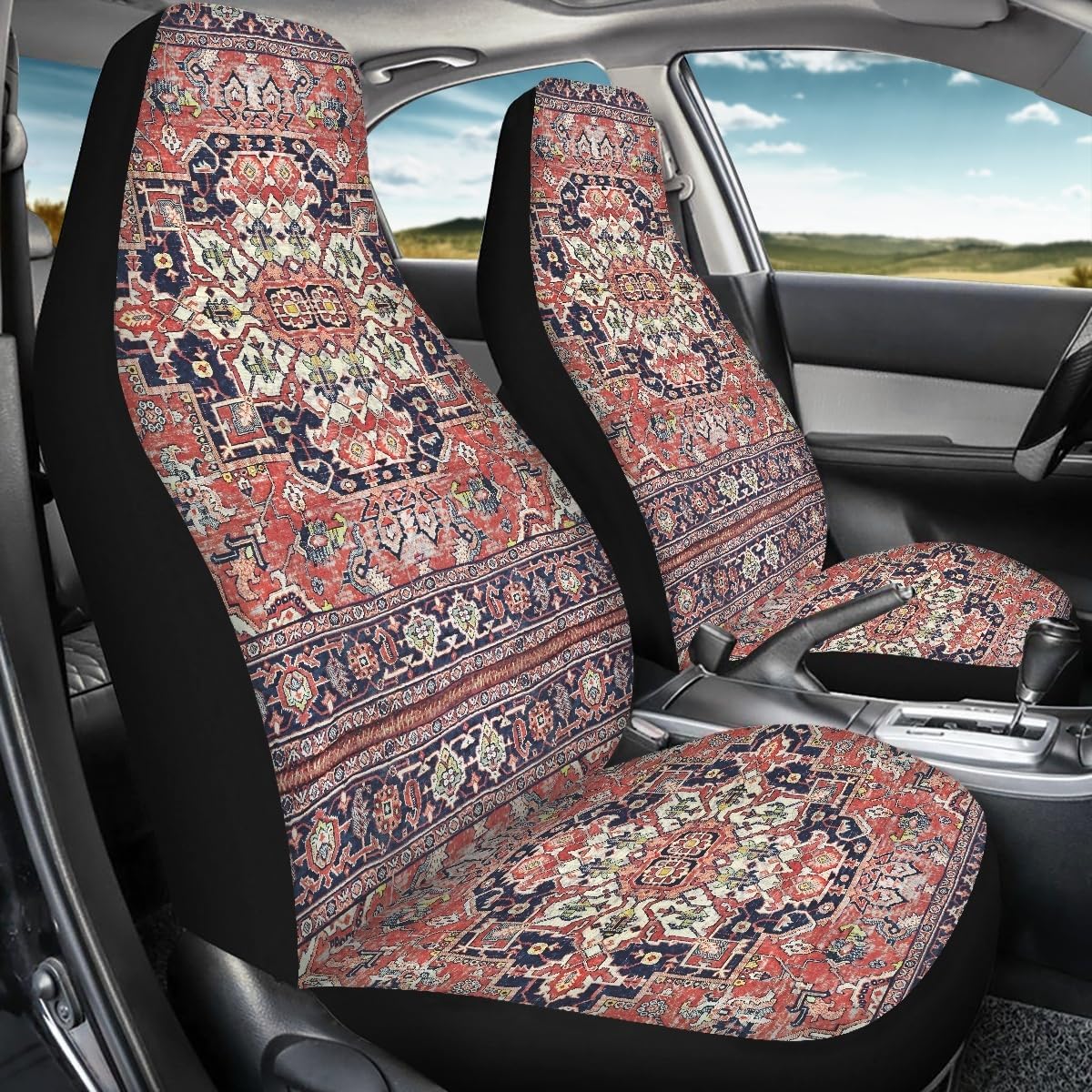 Pehede Car Seat Cover Red Vintage Carpet Pattern Front for Cars, Easy to Install Cover Set, Accessories Auto Trucks Van SUV,2 Packs