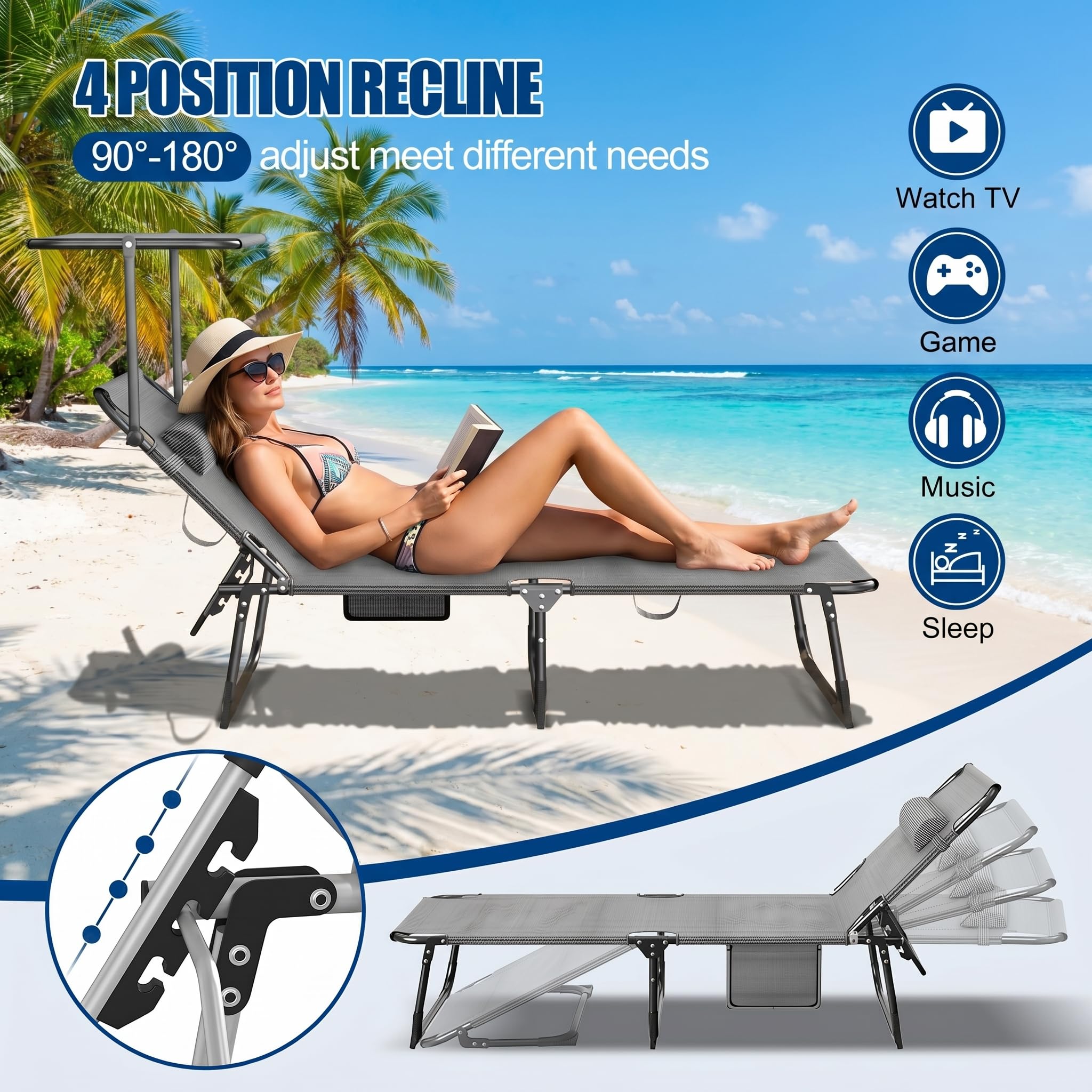 Sonnenliege klappbar mit Dach, Gartenliege 194 x 67,5 x 29 cm, Liegestuhl mit Verstellbarer Rückenlehne & Kopfkissen, Faltbare Campingliegefür Strand-Pool-Garten, bis 120 kg, Schwarz