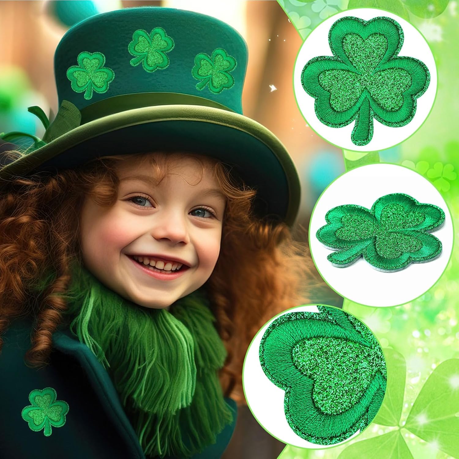 30pcs Glitter Shamrock Iron on Patches St. Patrick's Day Clothing Embroidered Green Three Leaf Shamrock Sew on Patches Applique Repair Patch DIY Crafts for Clothing Jacket Jeans Pants Dress Backpack - Image 4