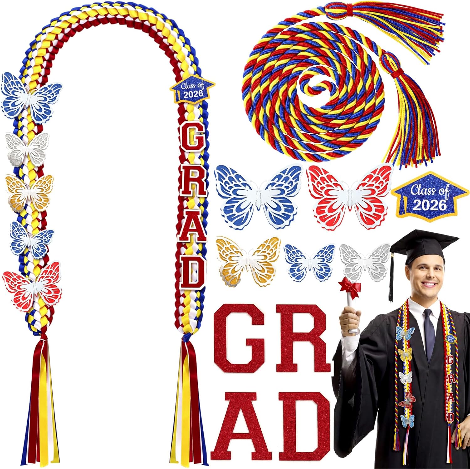 Graduation Leis Class of 2026 with Honor Cord Grad Ribbon Braided Leis with Butterfly Pin Necklace for Congrats Graduates College Senior Gifts for Graduation Party Supplies - Image 8