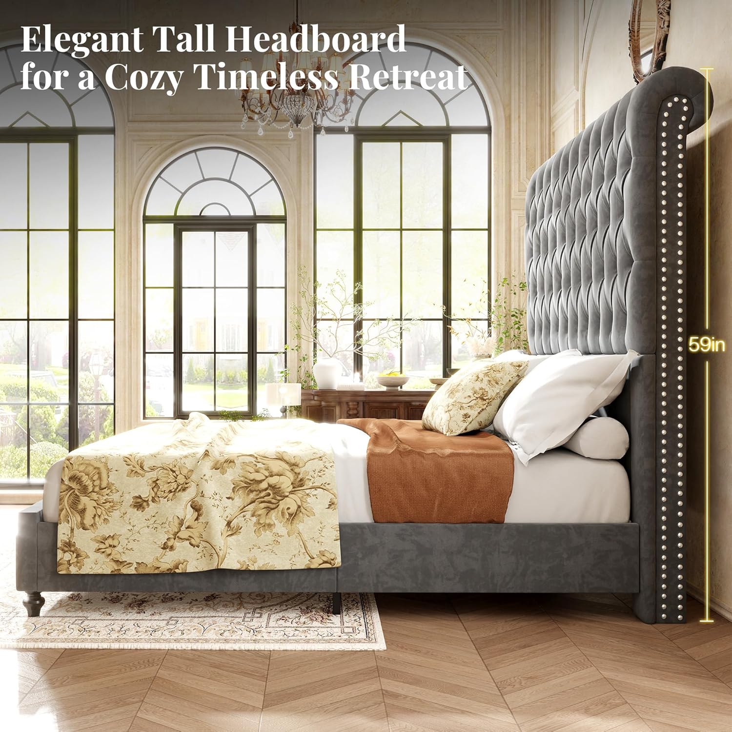 Jocisland Queen Size Bed Frame with 59" Tall Upholstered Headboard, Luxury Velvet Bed with Handcrafted Deep-Tufted Design and Solid Wood Legs, Noise-Free, No Box Spring Needed,Light Gray