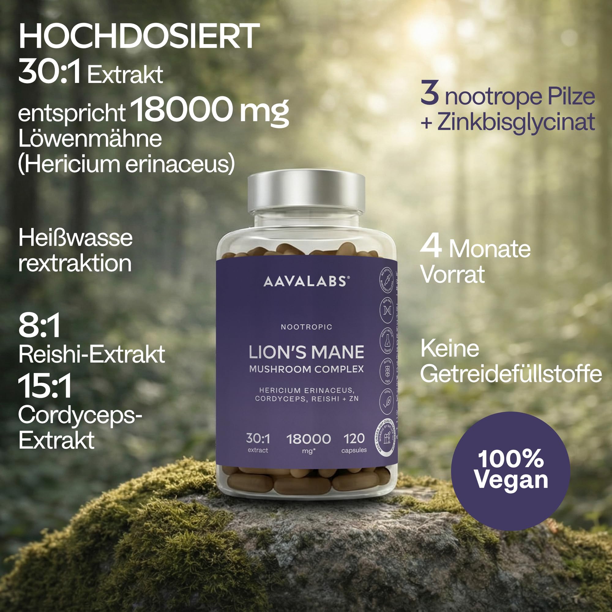Lions Mane Mushroom Complex 18000 mg Hericium Erinaceus Hochdosiert 30:1 Extrakt - Löwenmähne Pilz - Lions Mane Kapseln mit Reishi, Cordyceps & Zink - 120 Kapseln